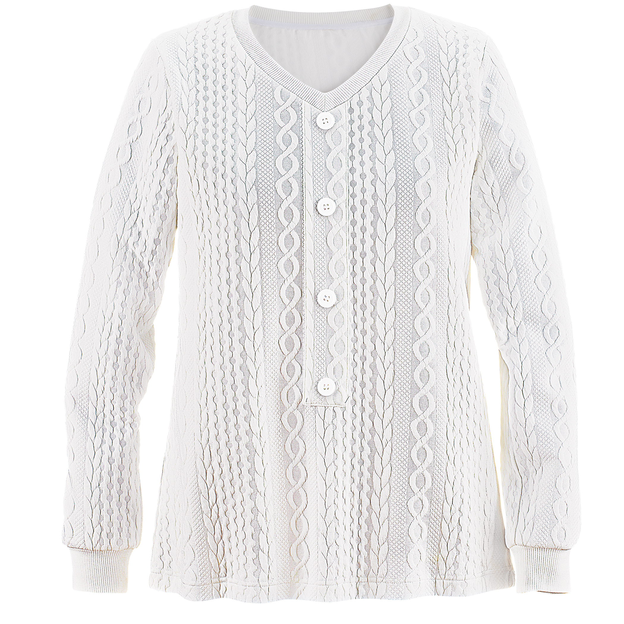 Cable Knit V-Neck Pull-Over Faux Button Top Medium Womens White