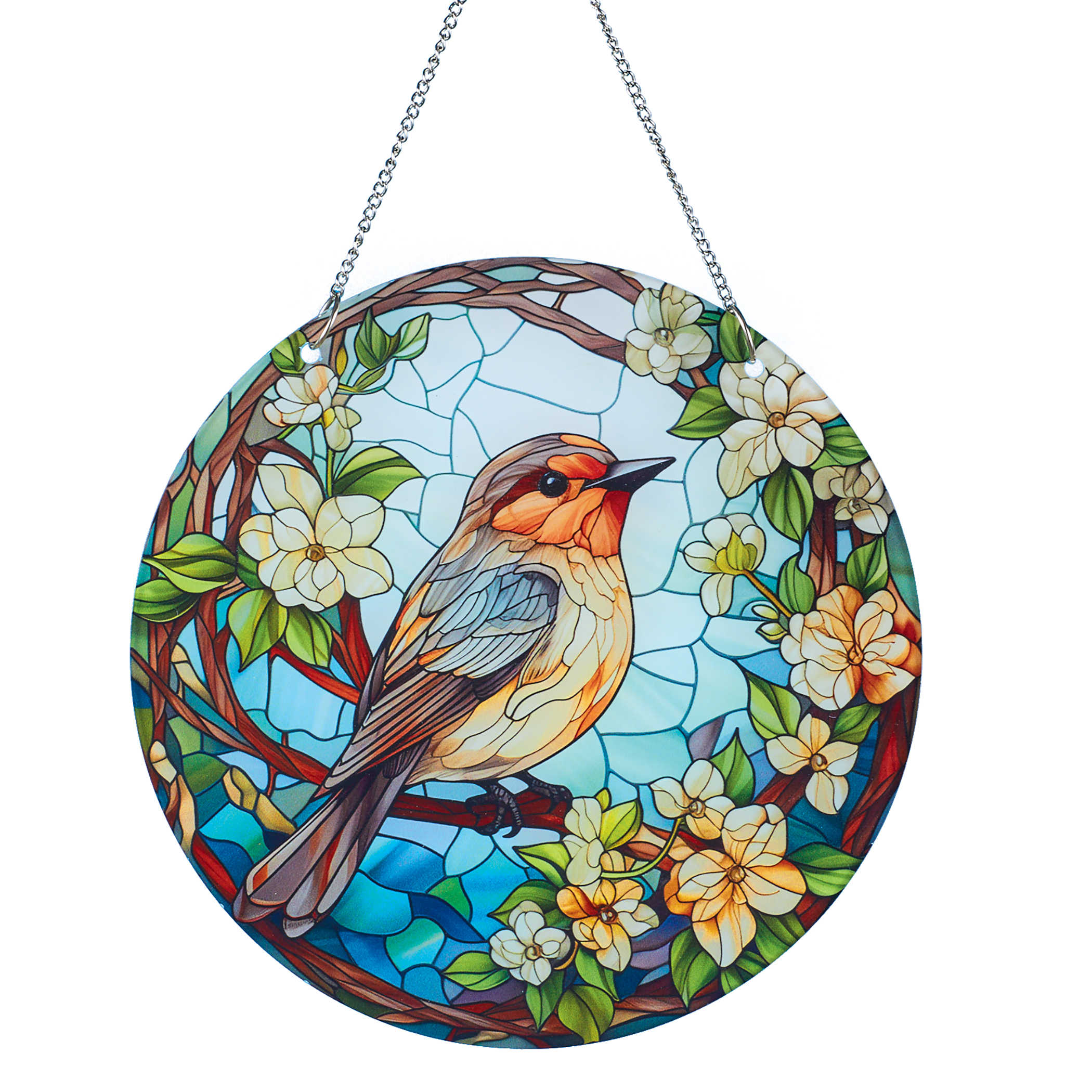 Hanging Stained Glass Style Floral Robin Suncatcher Decoration White