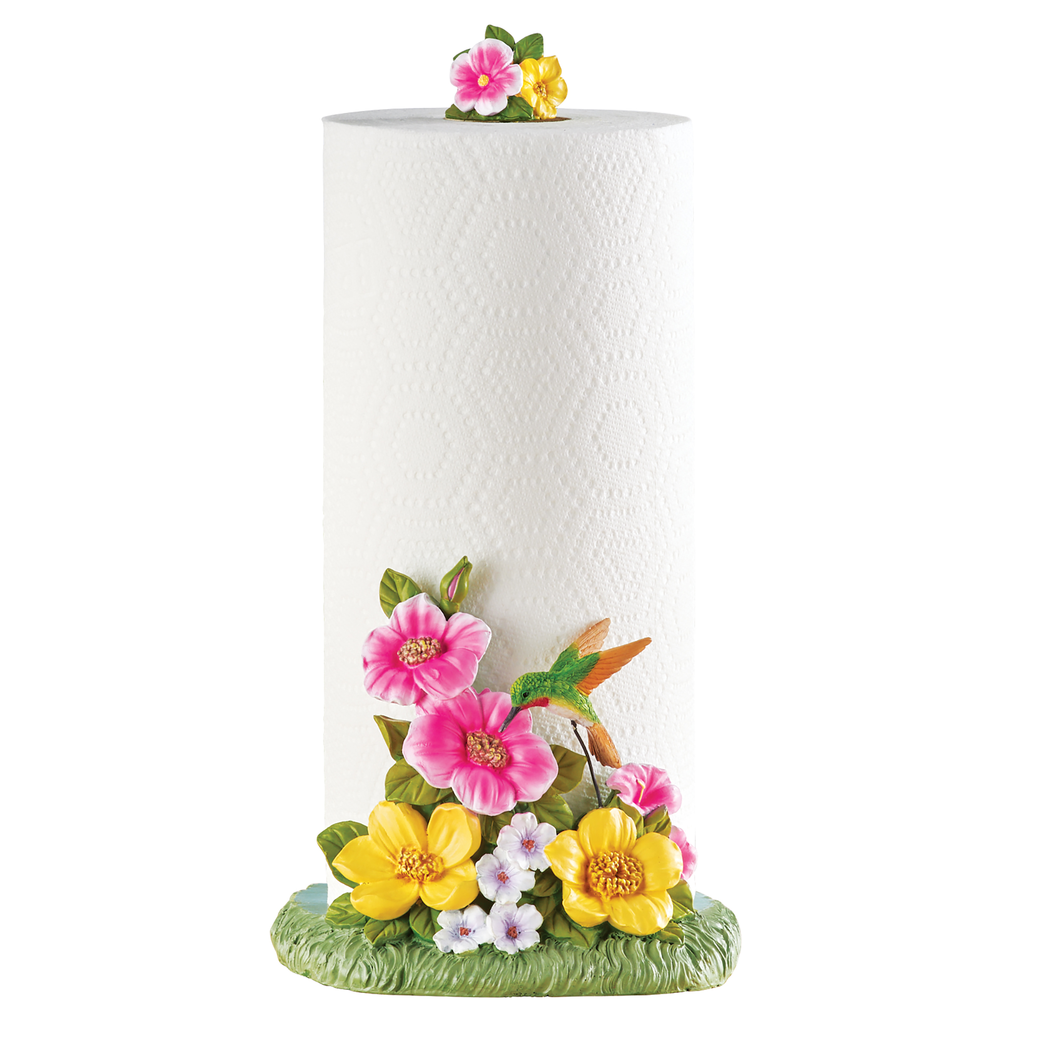 Hand-Painted Floral Hummingbird Paper Towel Holder Green