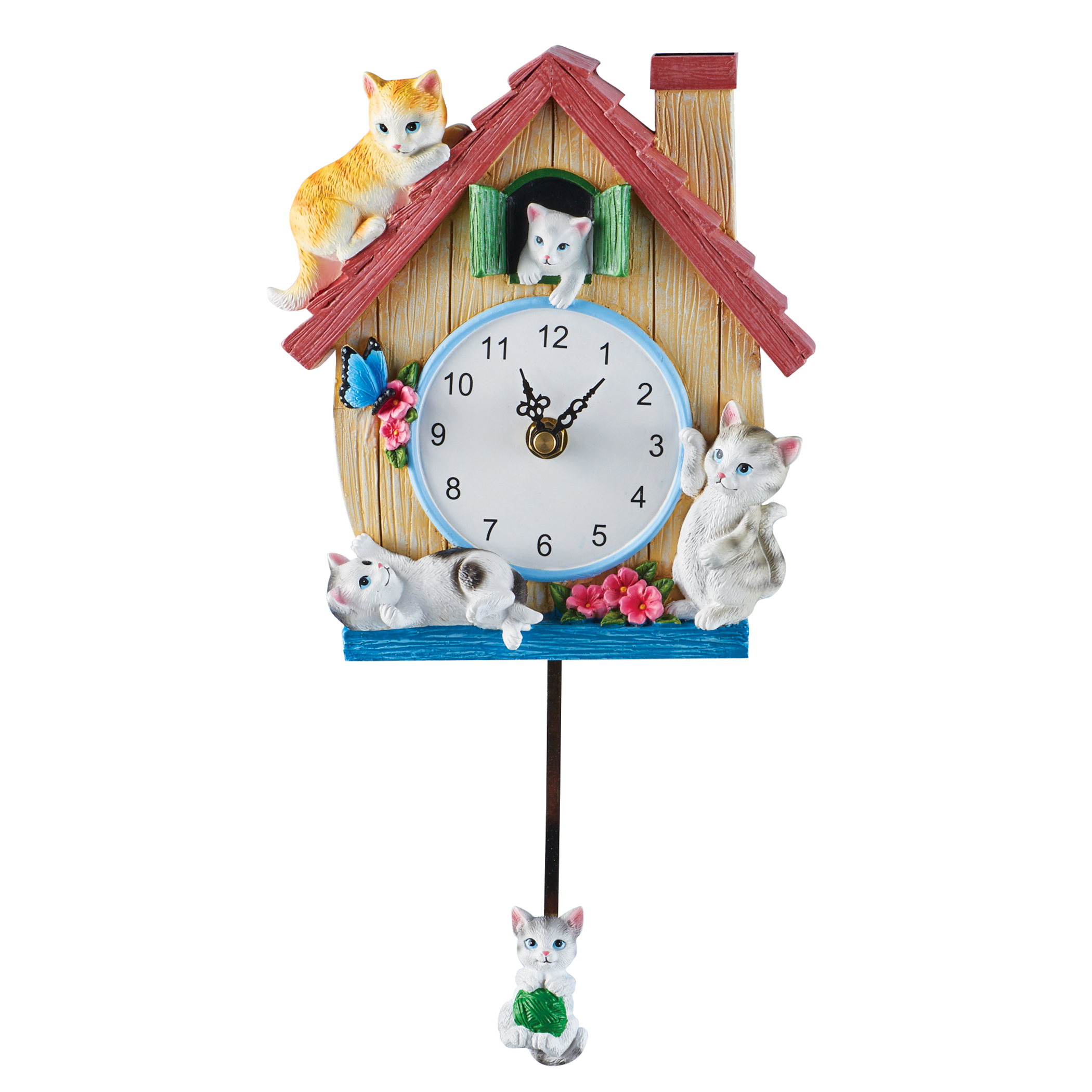 Hand-Painted Kitten Pendulum Wall Clock Brown