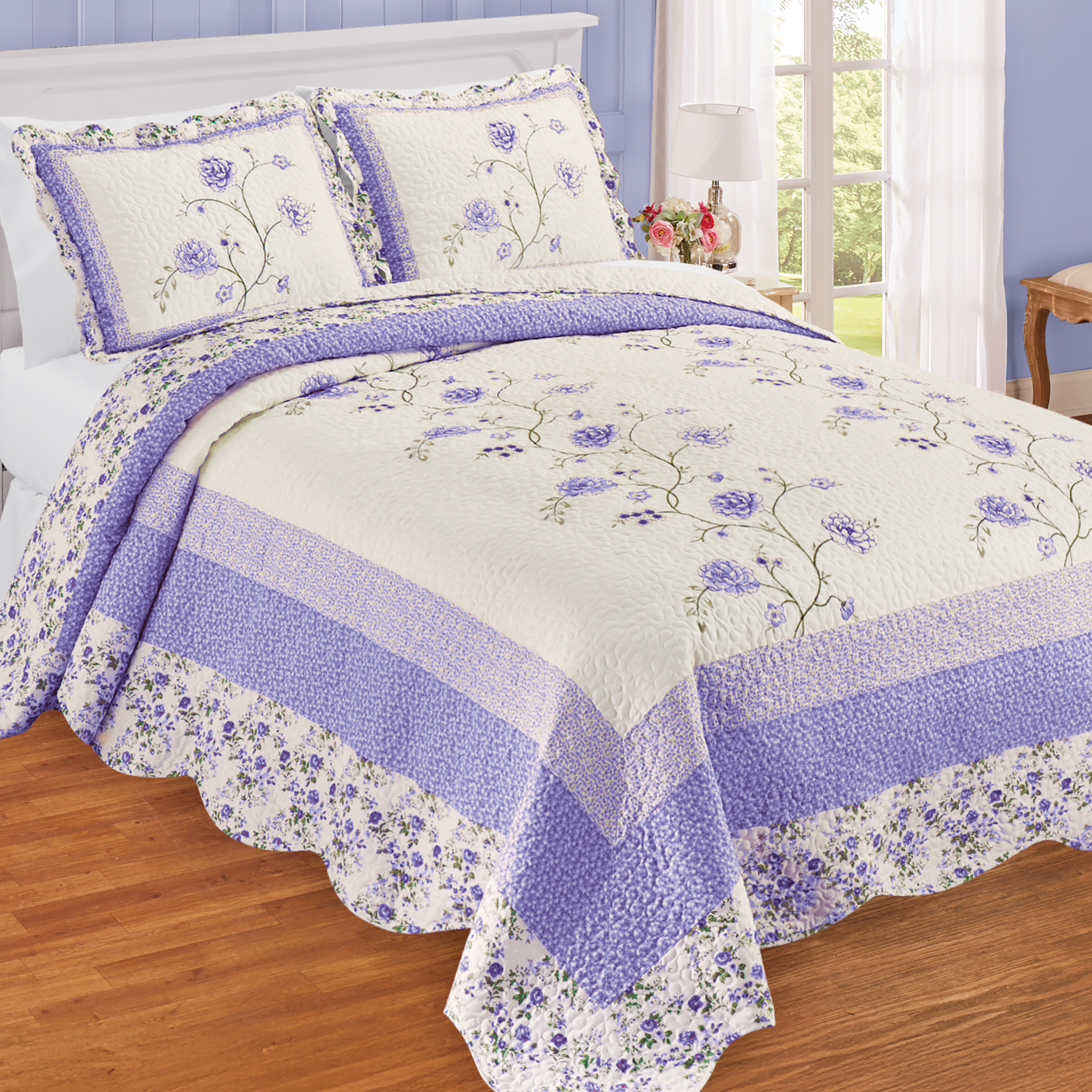 Floral Embroidered Scalloped Edge Quilted Bedspread - Picture 2 of 4