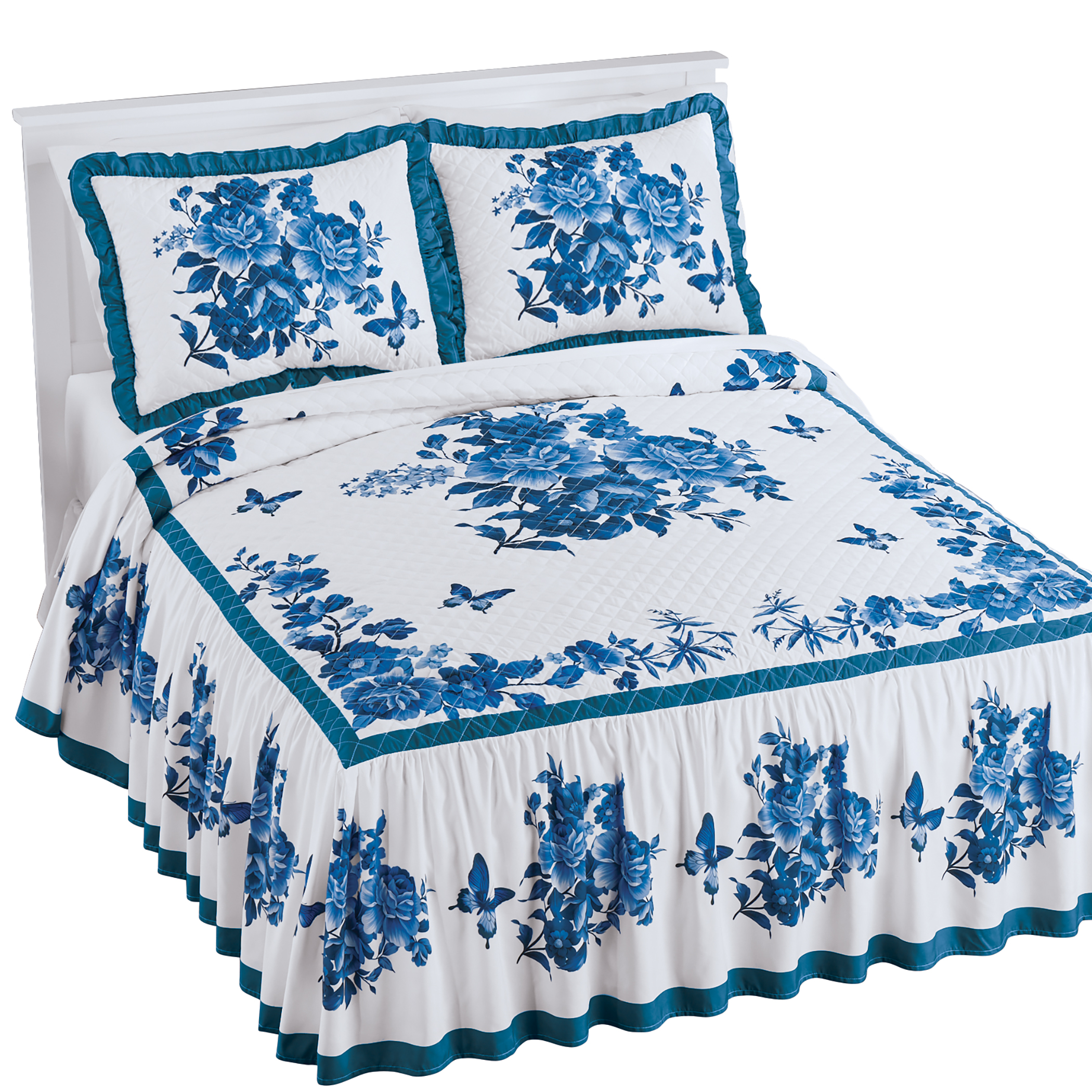 Enchanting Butterfly Ruffled Border Quilt Top Bedspread King Gender Neutral Blue
