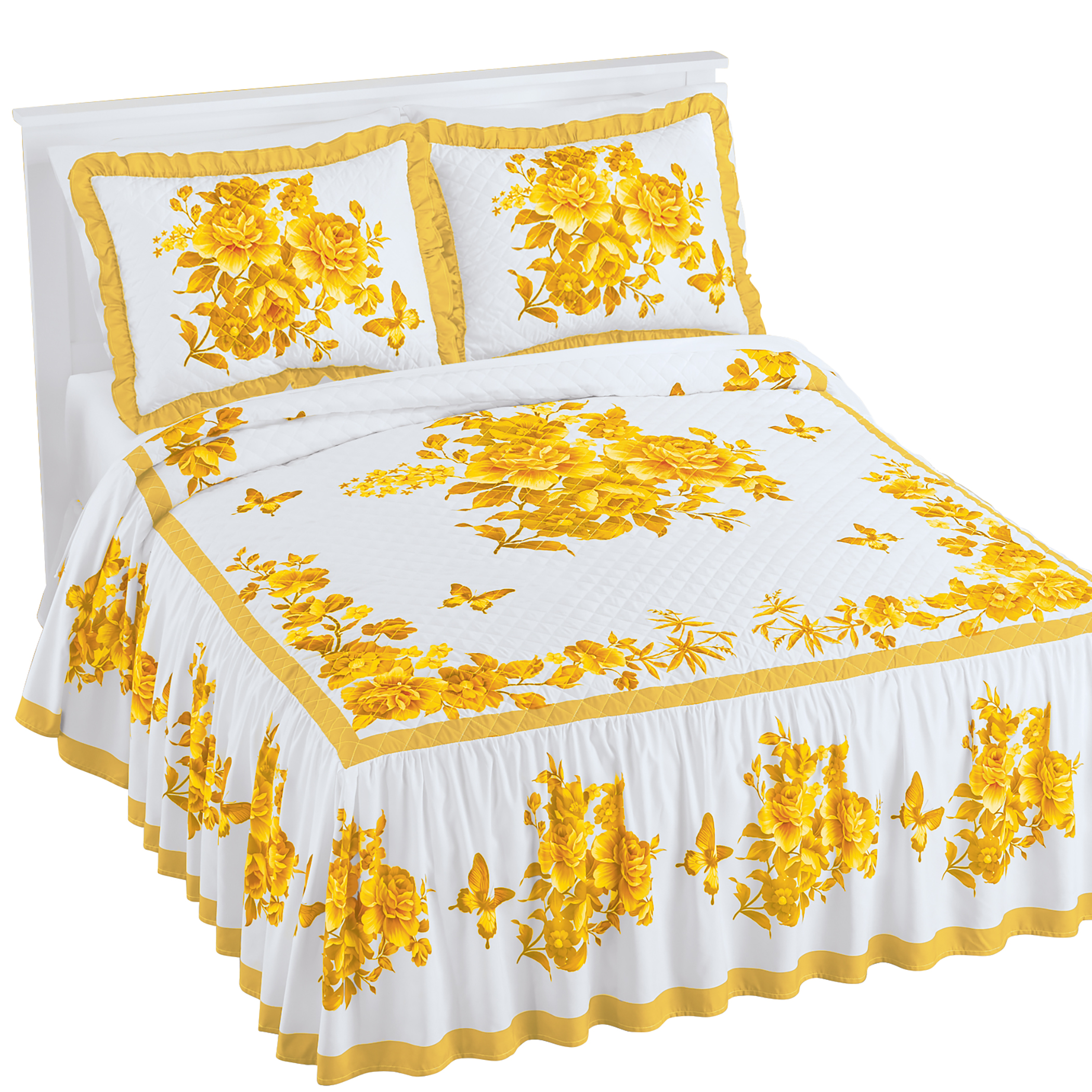 Enchanting Butterfly Ruffled Border Quilt Top Bedspread King Gender Neutral Yellow