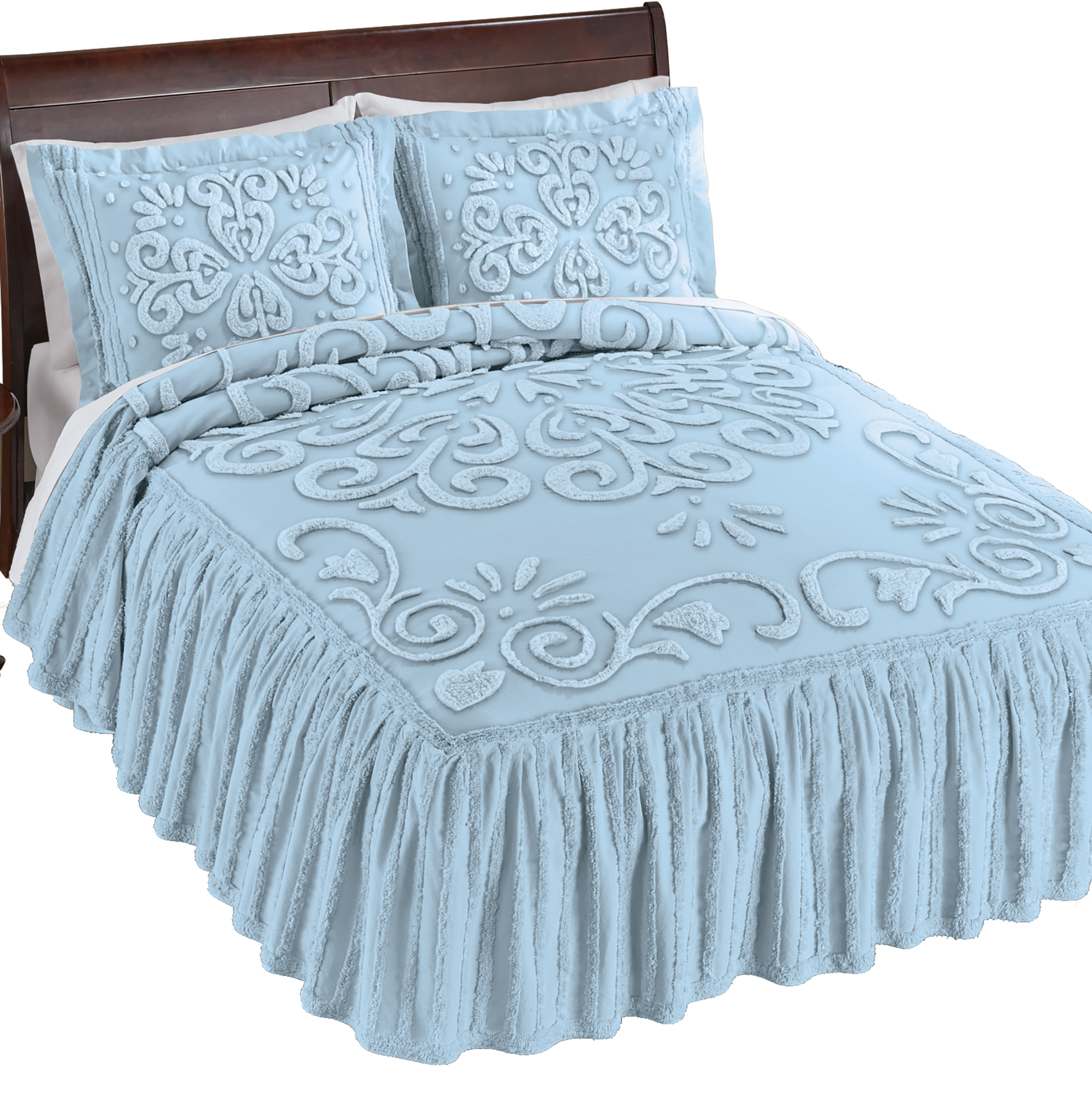 Abigail Ruffled Edge Textured Chenille Bedspread Queen Gender Neutral Light Blue