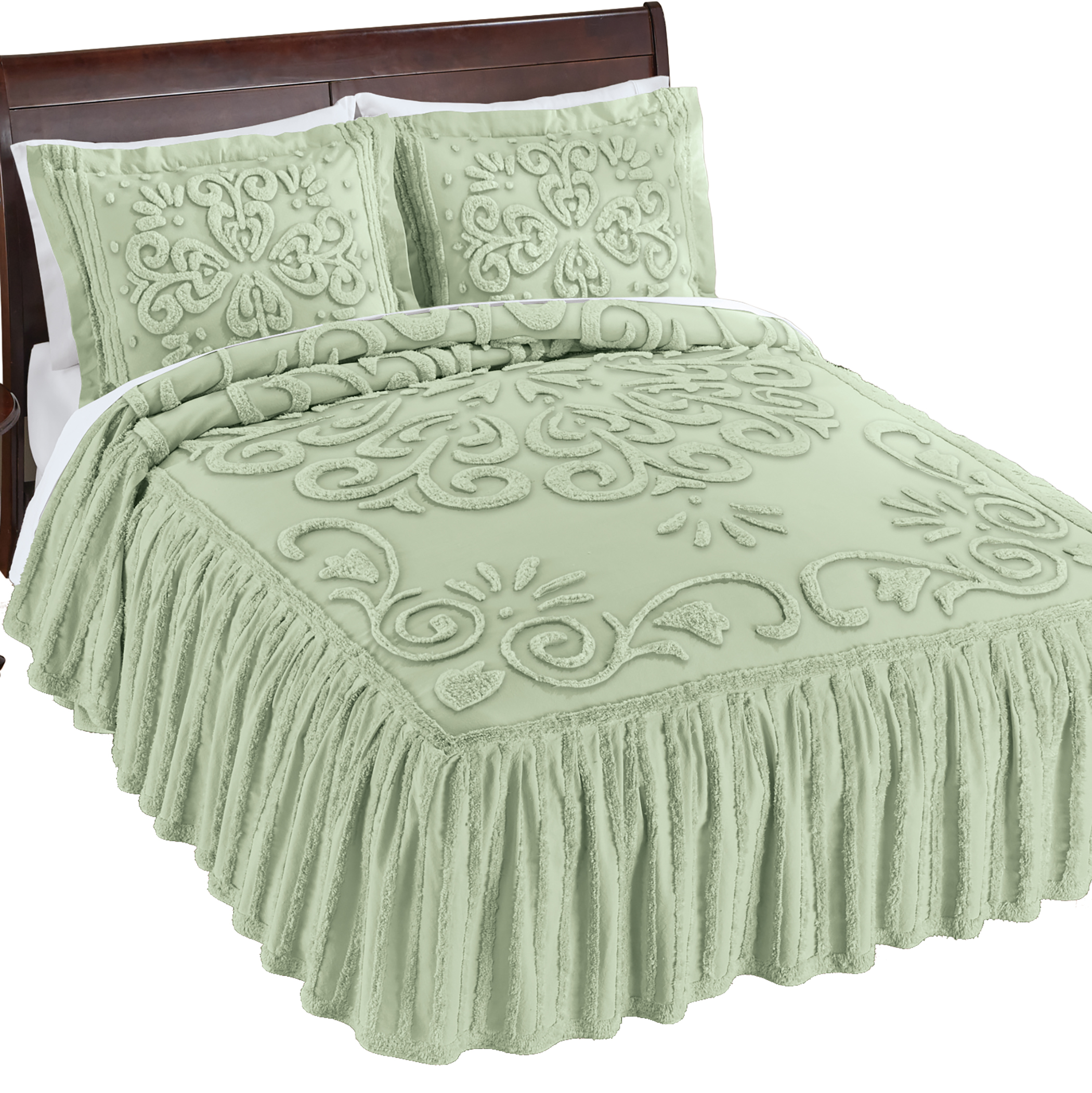 Abigail Ruffled Edge Textured Chenille Bedspread Full Gender Neutral Sage