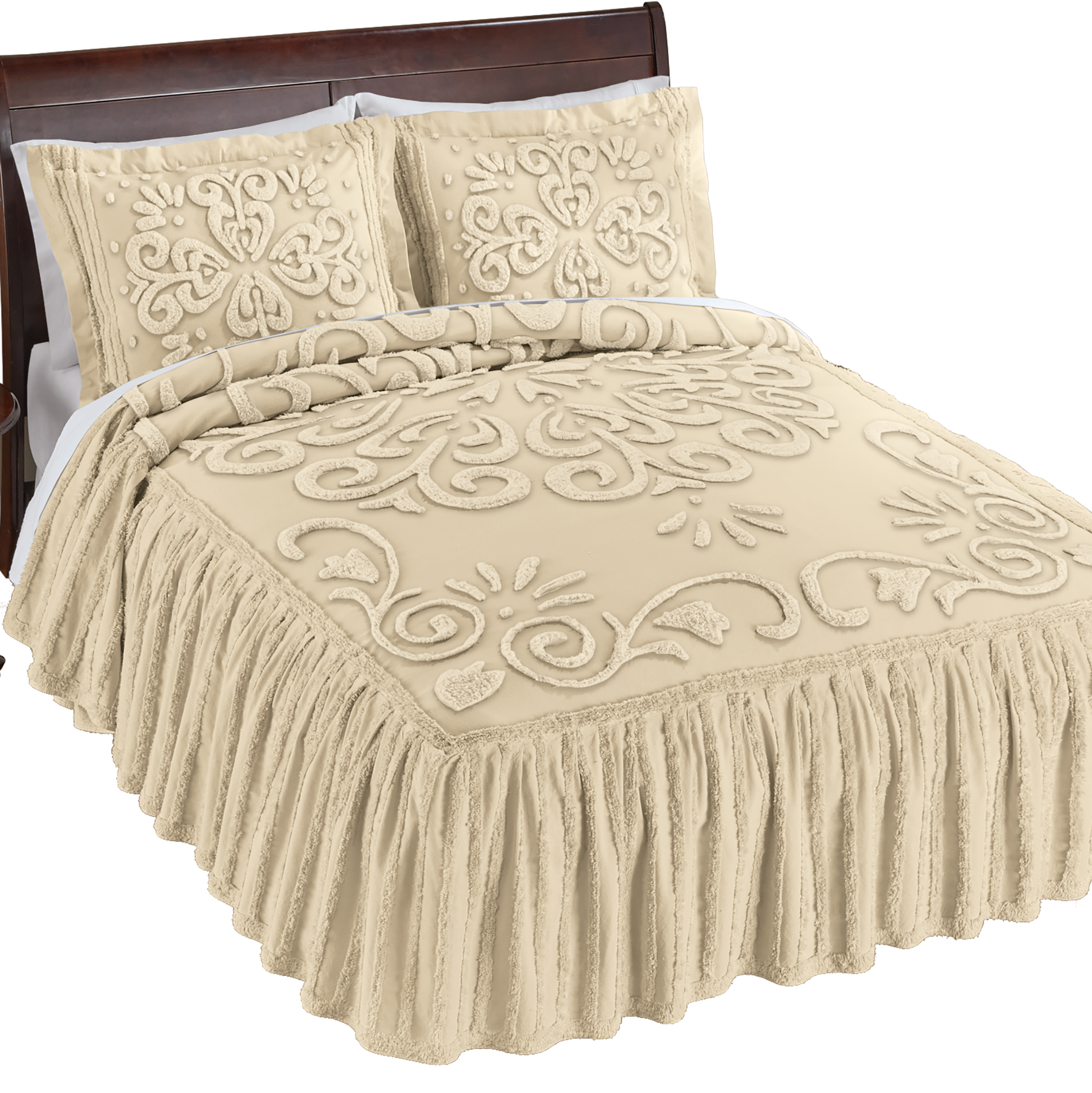 Abigail Ruffled Edge Textured Chenille Bedspread Full Gender Neutral Sand