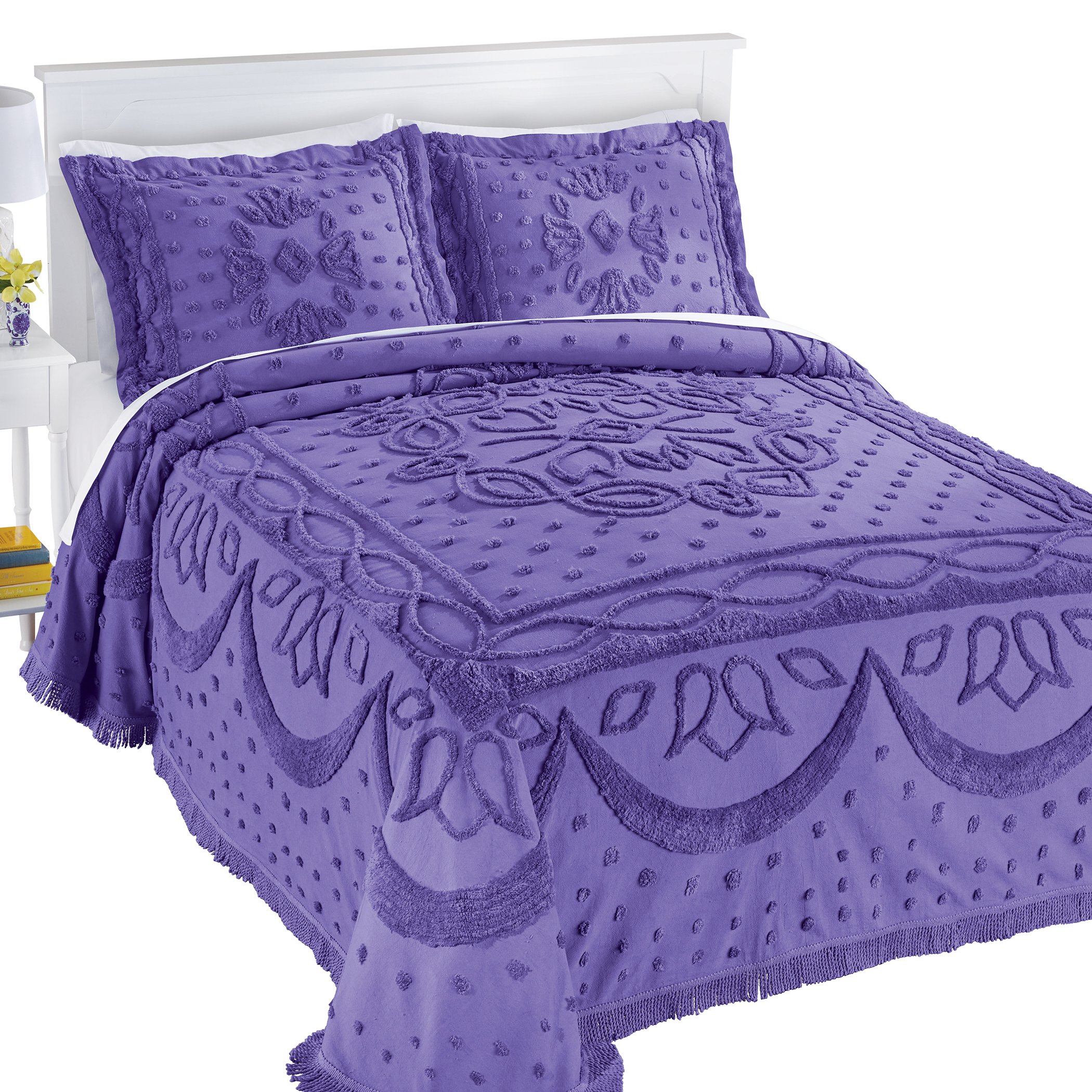 Emerson Chenille Textured Medallion Fringe Border Bedspread Twin Gender Neutral Violet