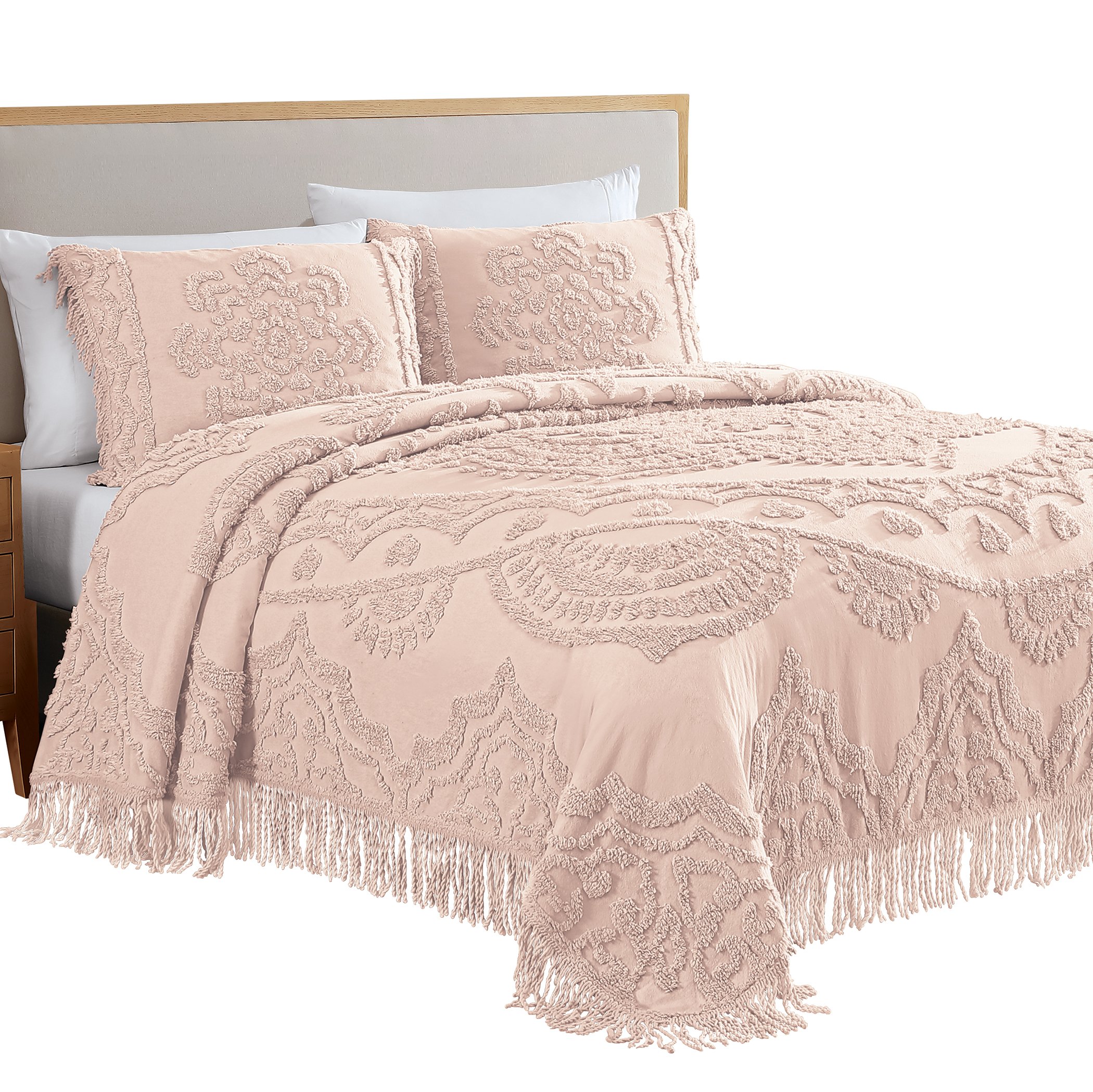 Luxurious Lotus Textured Chenille Fringe Border Bedspread Queen Gender Neutral Blush