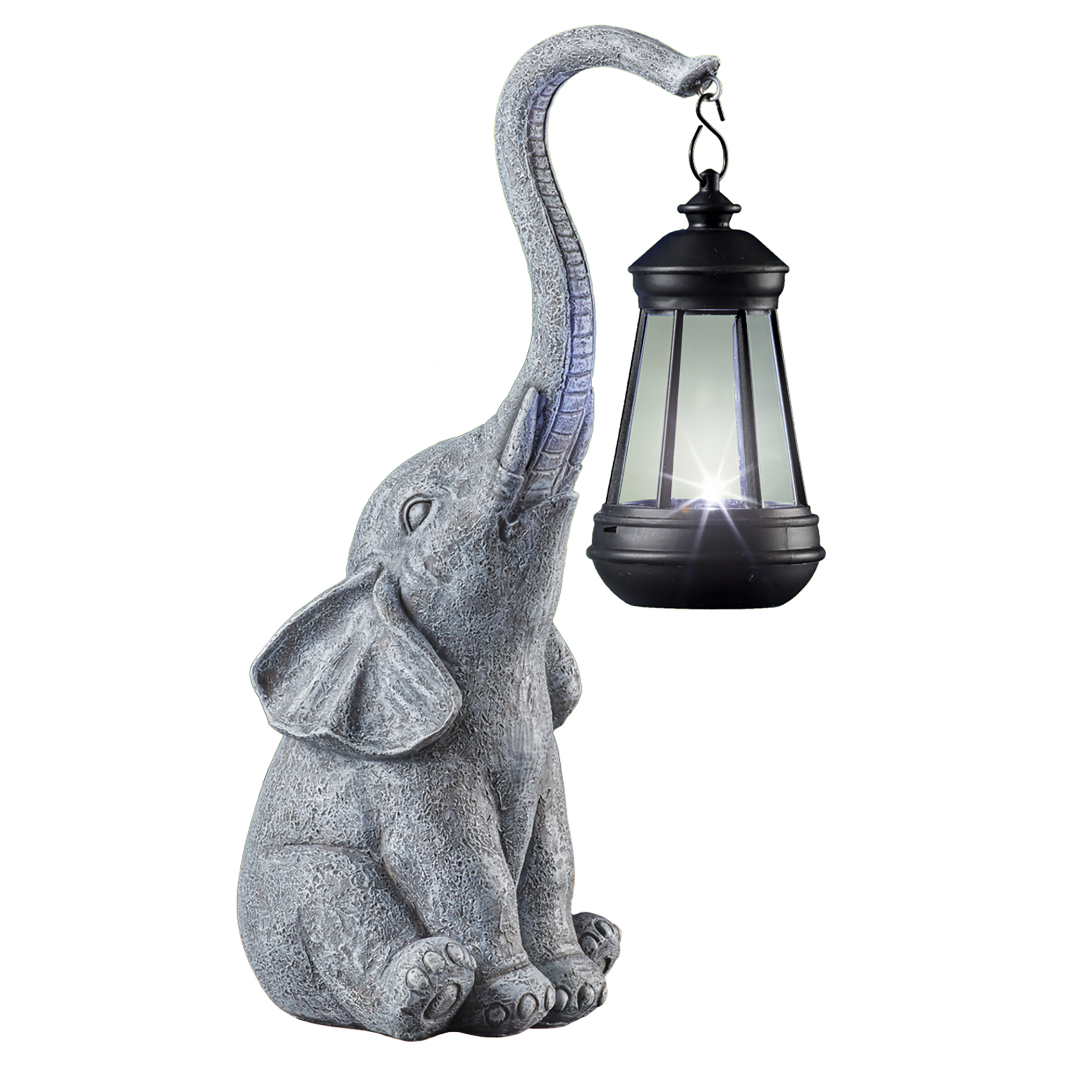 Hand-Painted Stone-Like Elephant with Solar Powered Lantern Silver
