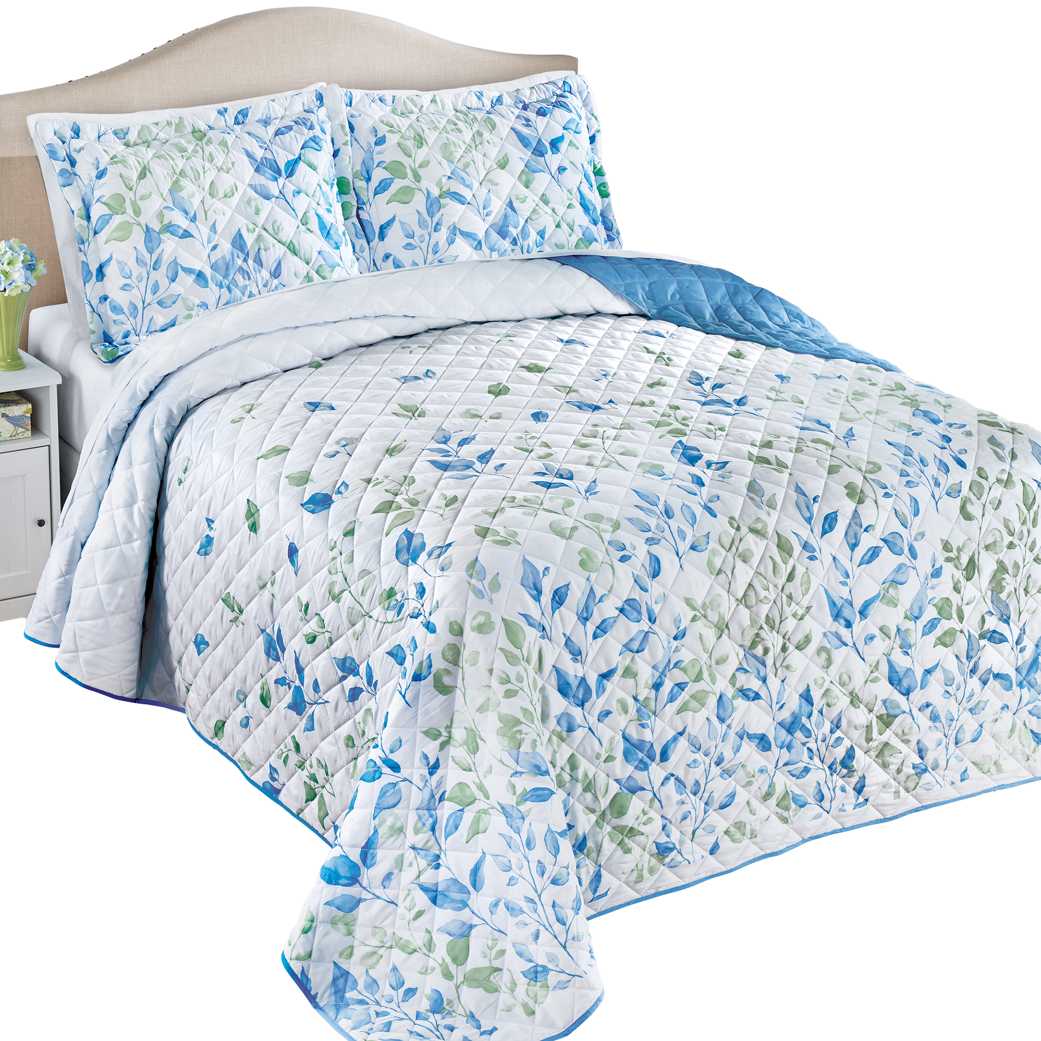 Scaling Leaves Design Cozy Quilted Bedspread King Gender Neutral Blue/Green, Blue/Green