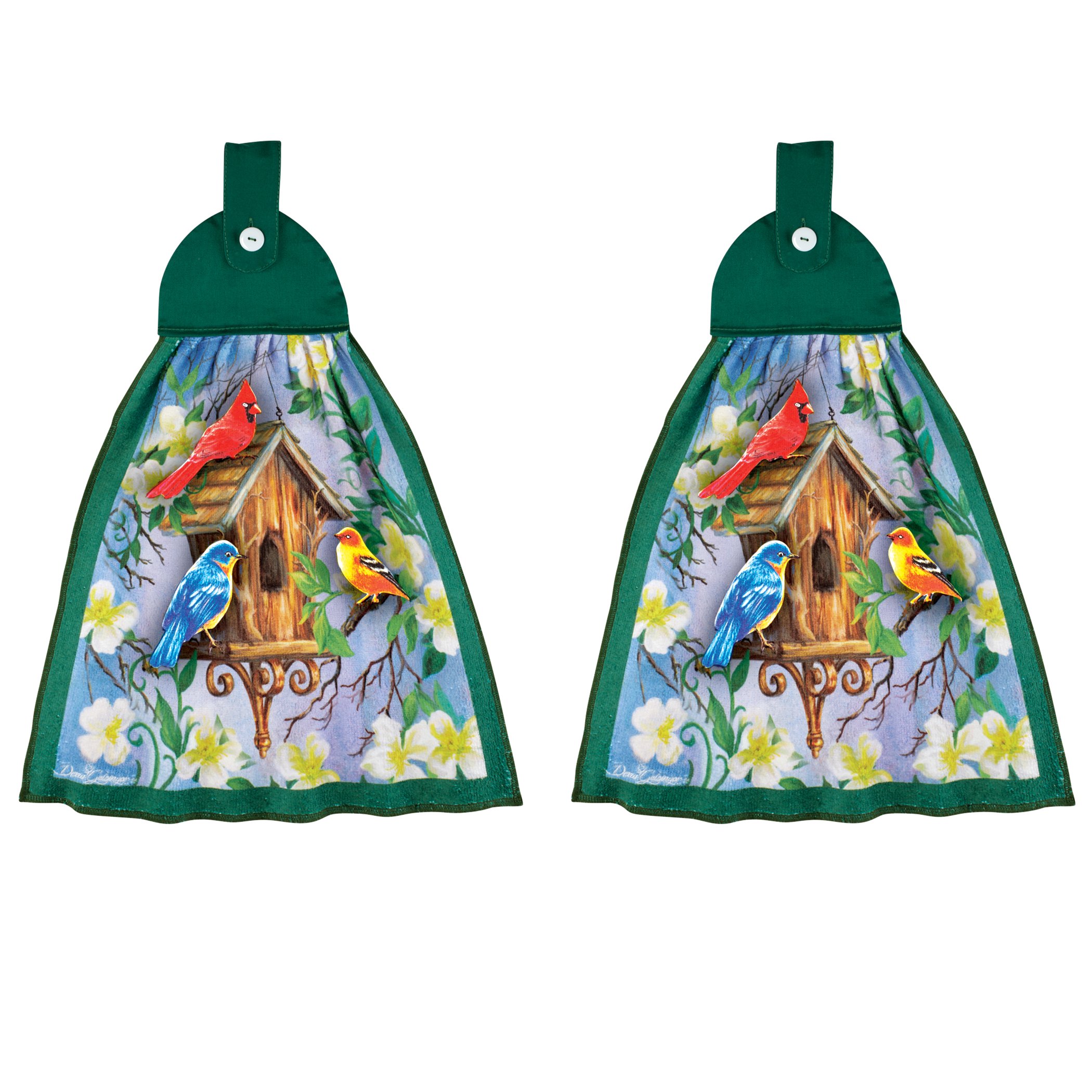 Floral Songbird Scene Kitchen Towels - Set of 2 Green