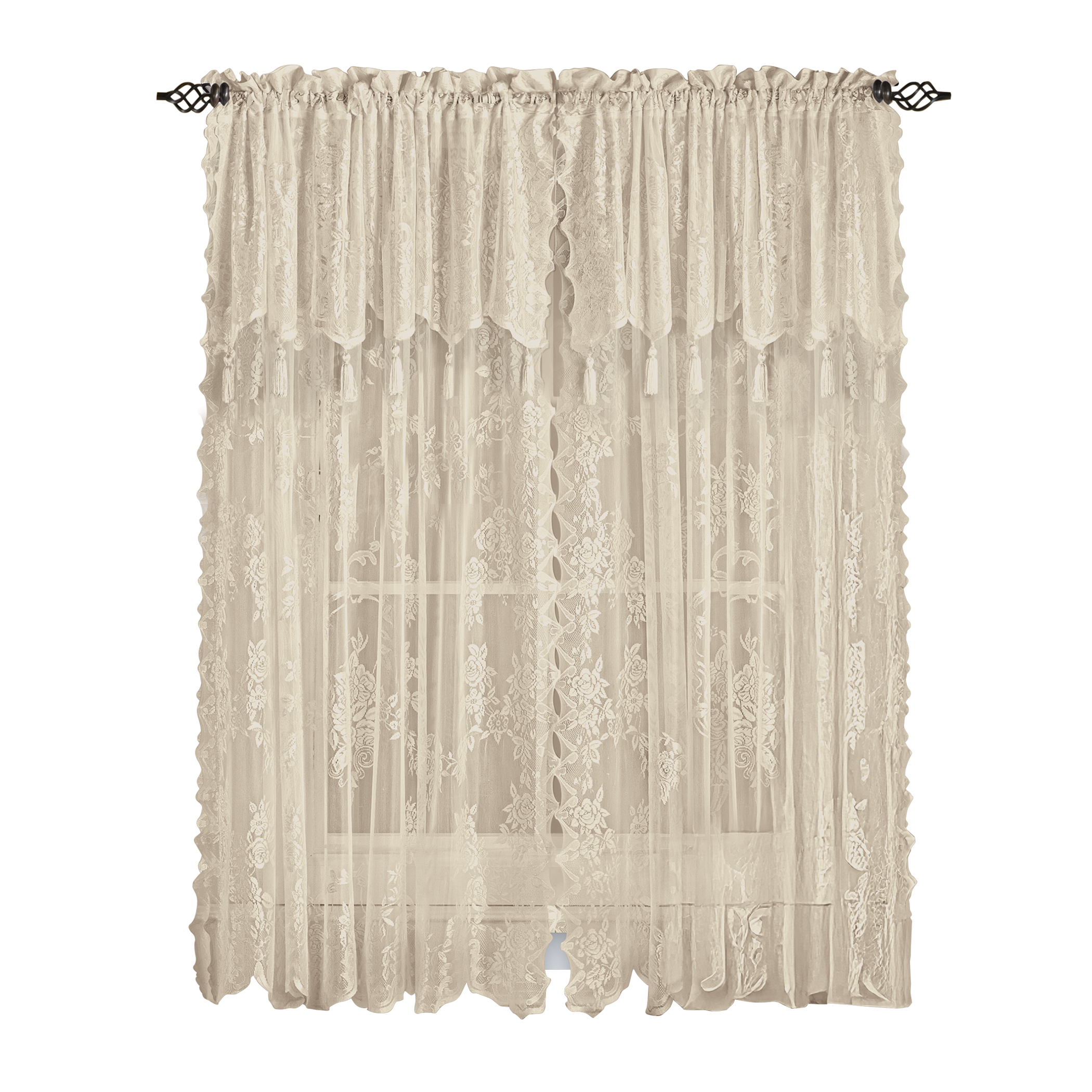 Carly Sheer Floral Lace Design Curtain Panel and Valance 56" x 63" Linen, 56" x 63"