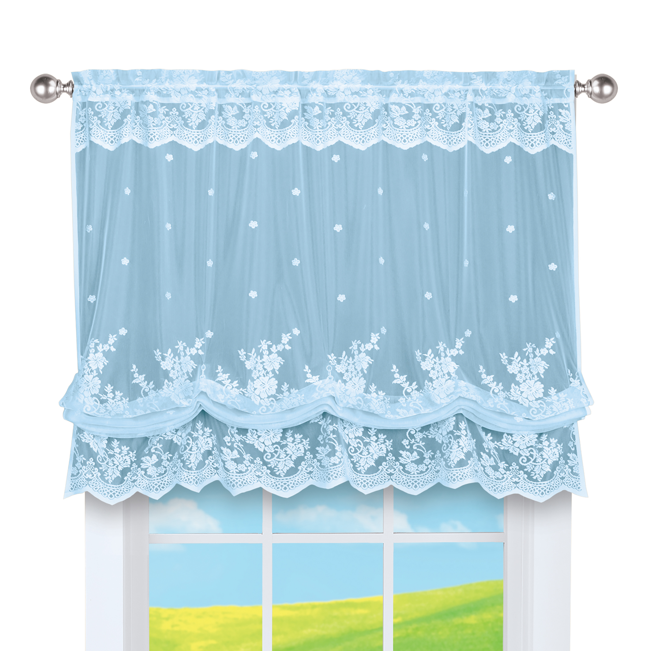 Vintage Rose Lace Balloon Shade Window Valance 56" x 63" Blue, 56" x 63"
