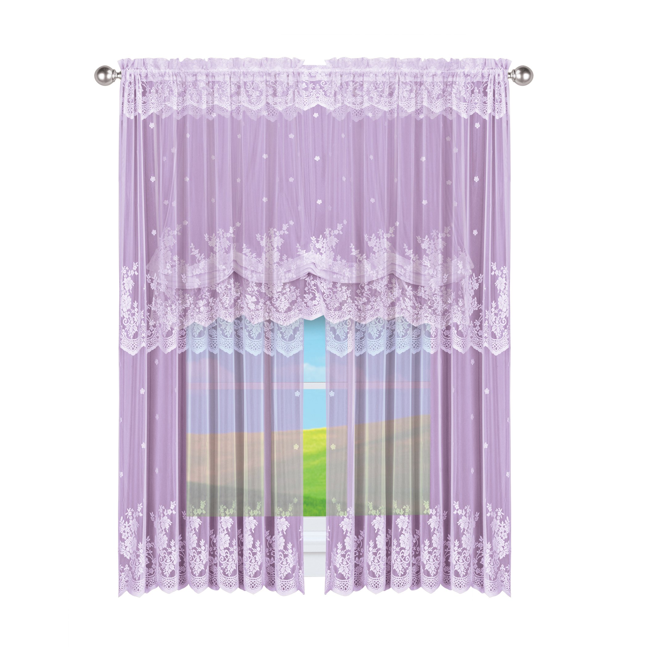 Vintage Rose Lace Sheer Window Curtain Panel 56" x 63" Lavender, 56" x 63"
