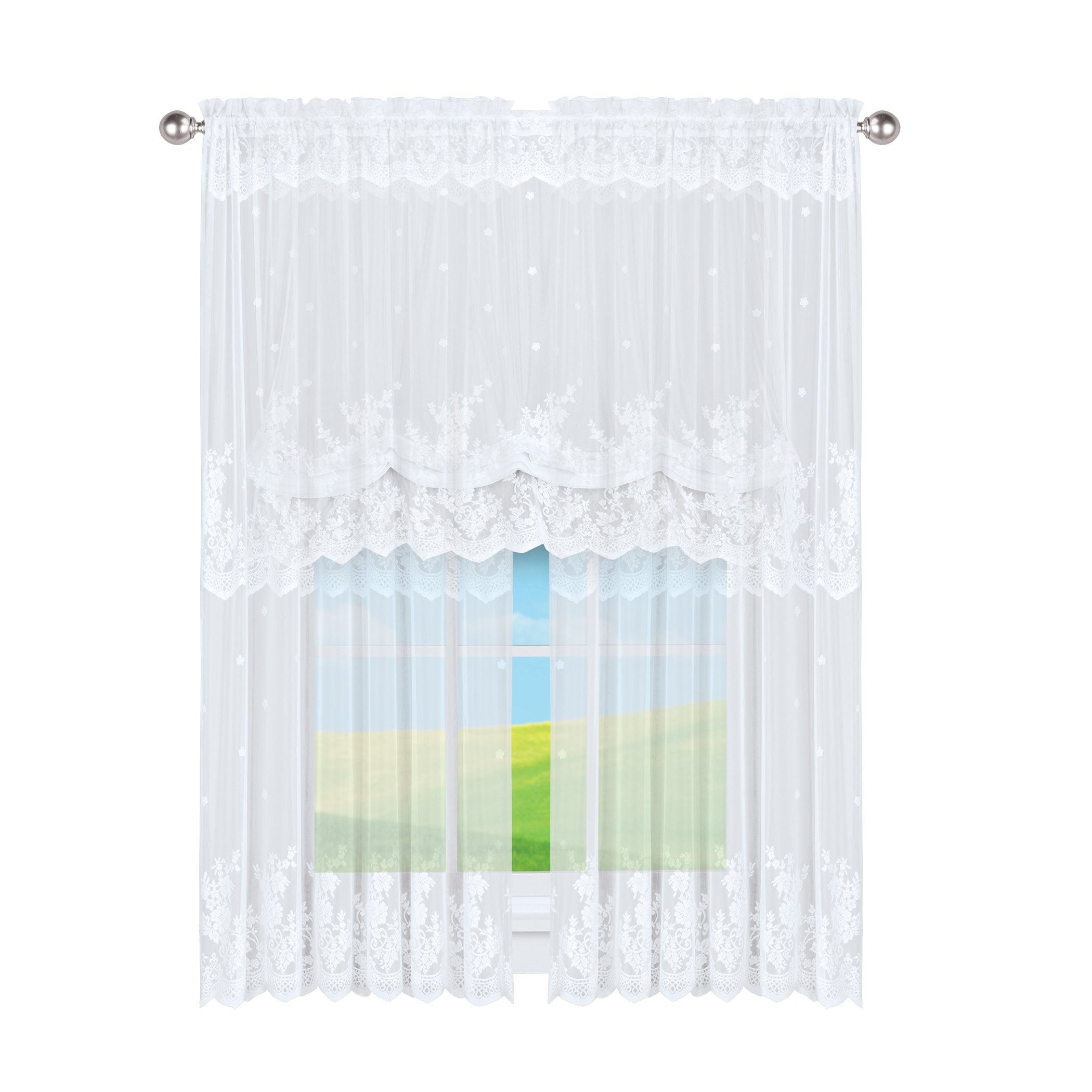 Vintage Rose Lace Sheer Window Curtain Panel 56" x 63" White, 56" x 63"