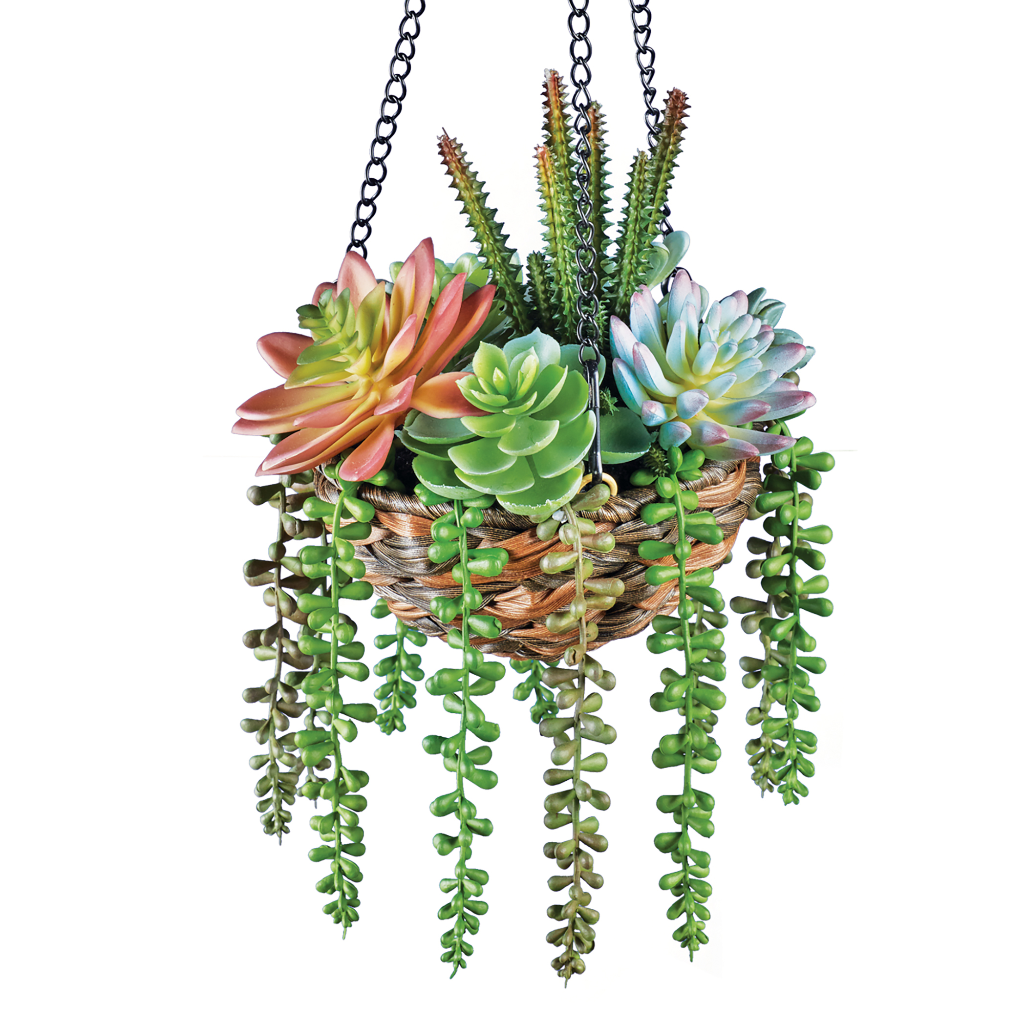 Hanging Colorful Faux Succulents in Rattan Basket