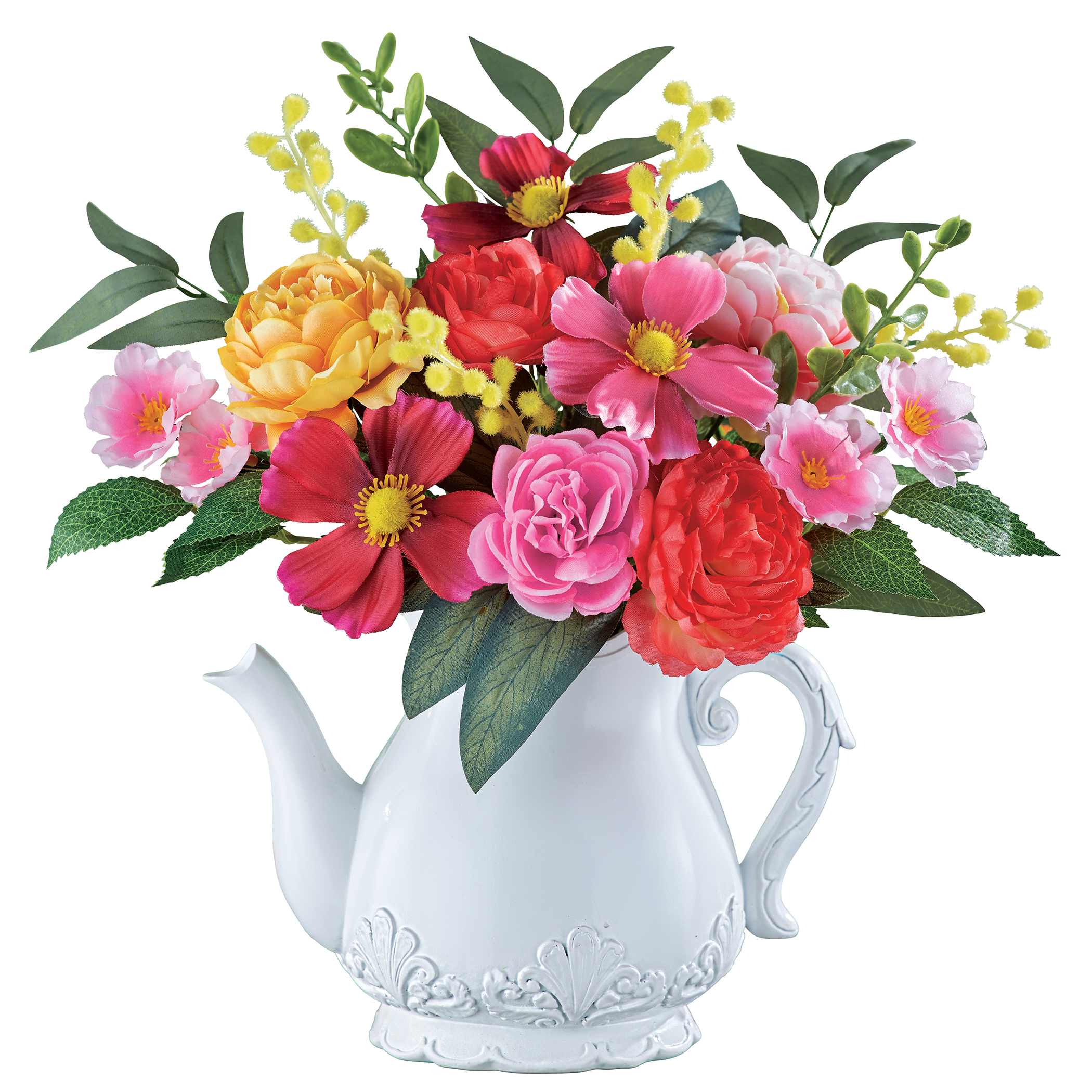 Colorful Artificial Floral Arrangement with Teapot Vase