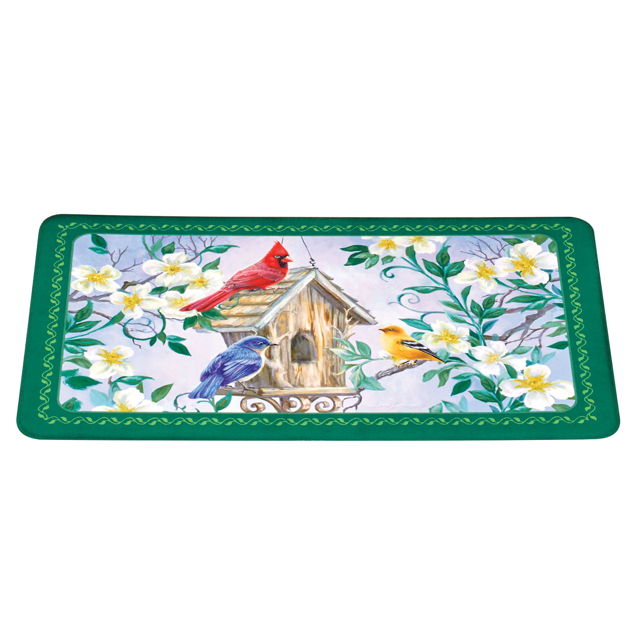 Floral Songbird Birdhouse Anti-Fatigue Kitchen Mat Green