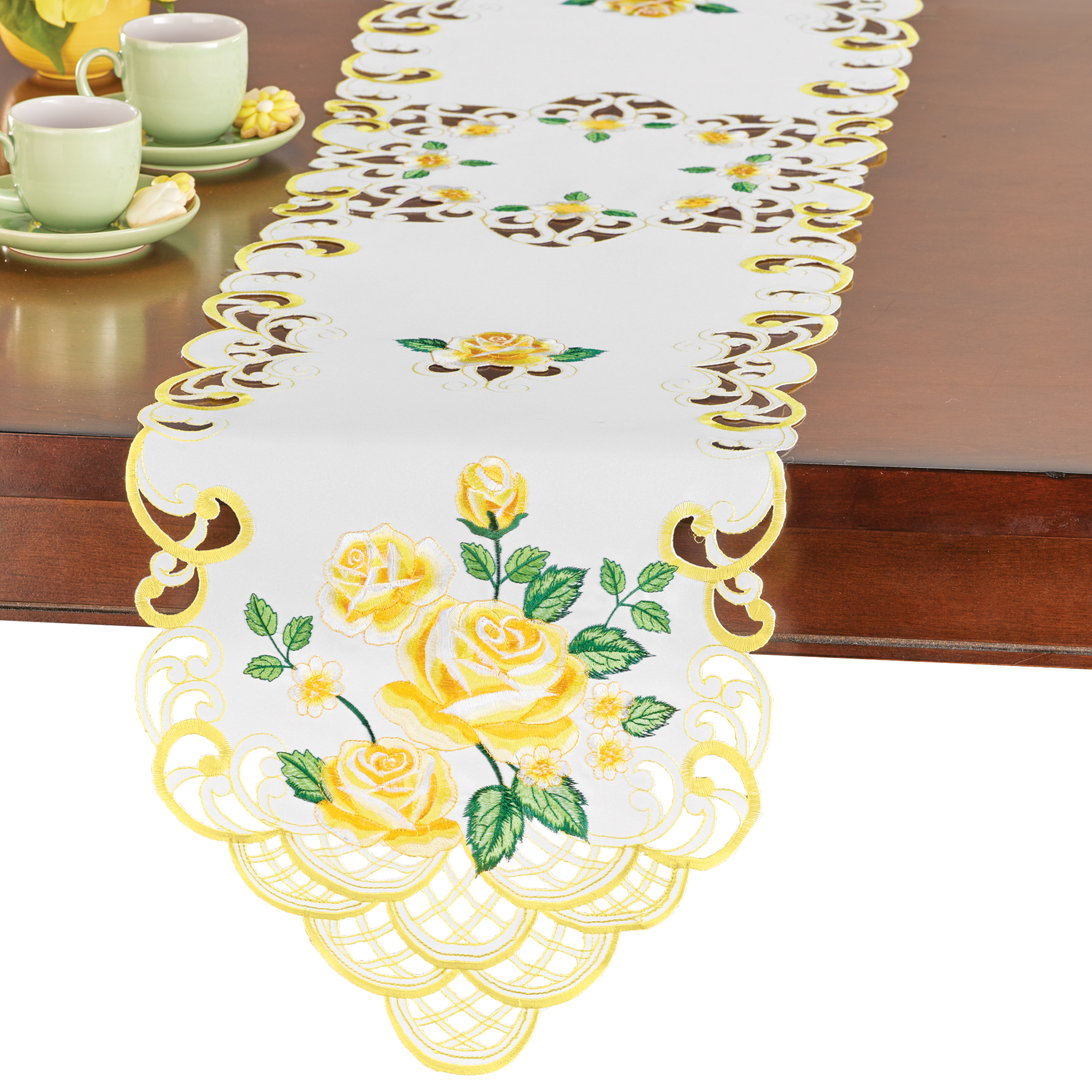 Embroidered Rose Clusters and Greenery Table Linens Runner Yellow