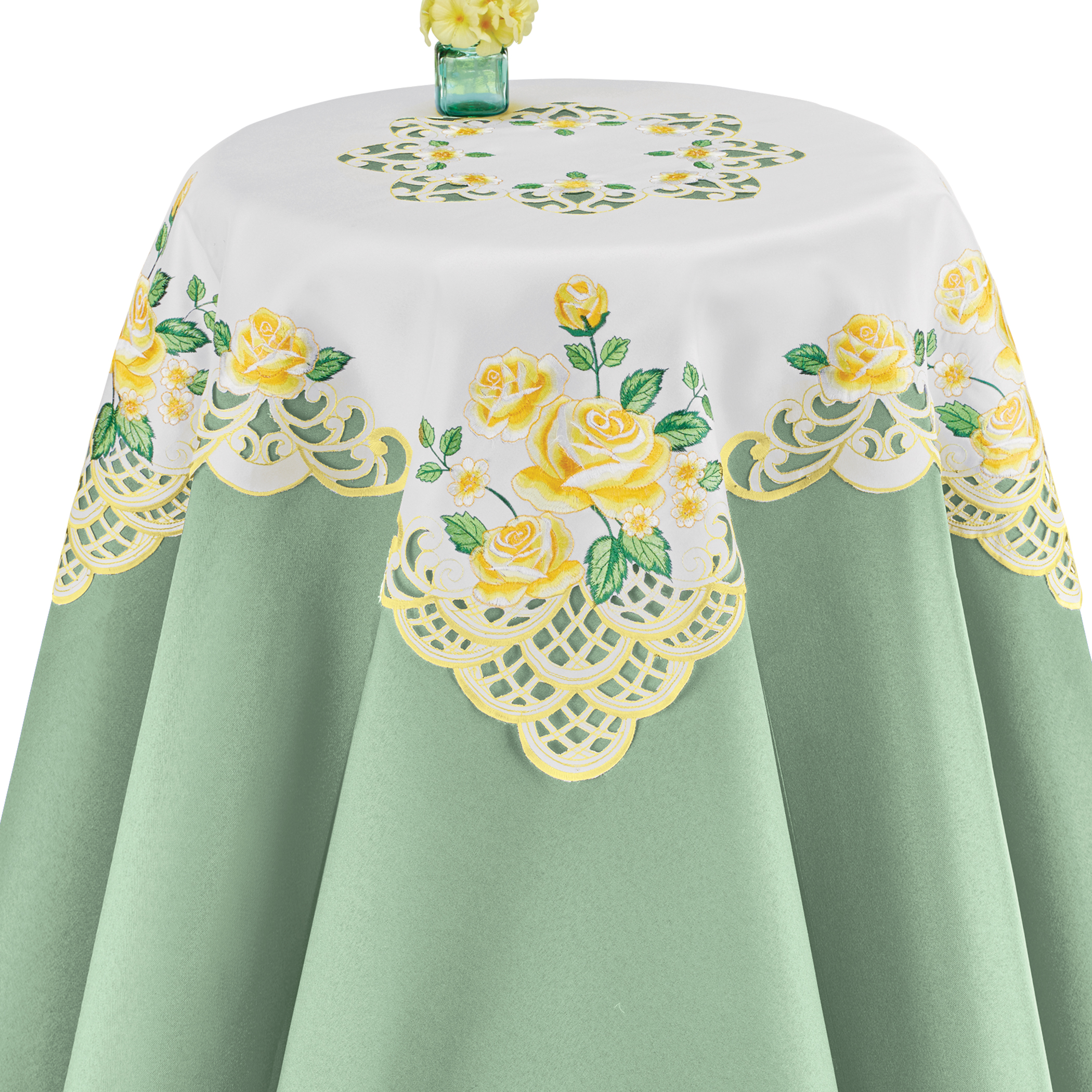 Embroidered Rose Clusters and Greenery Table Linens Square Yellow