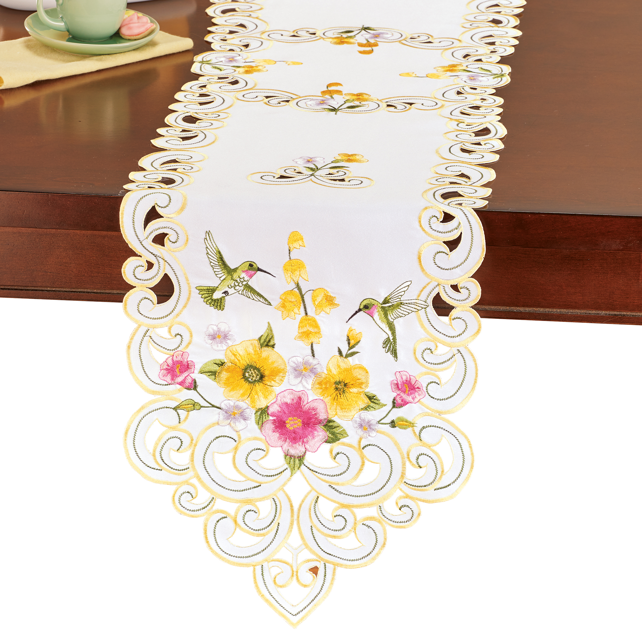Beautiful Embroidered Hummingbirds Floral Table Linens Runner White