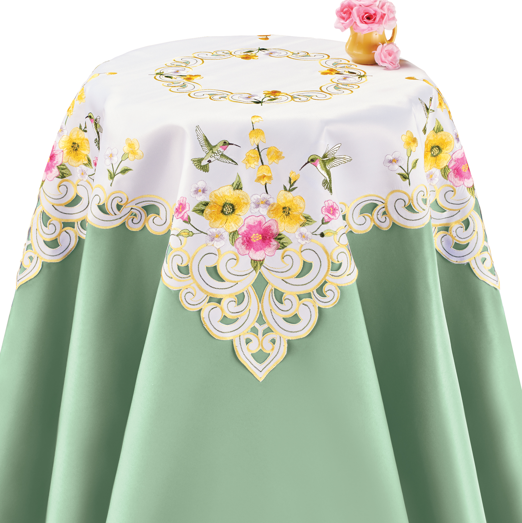 Beautiful Embroidered Hummingbirds Floral Table Linens Square White