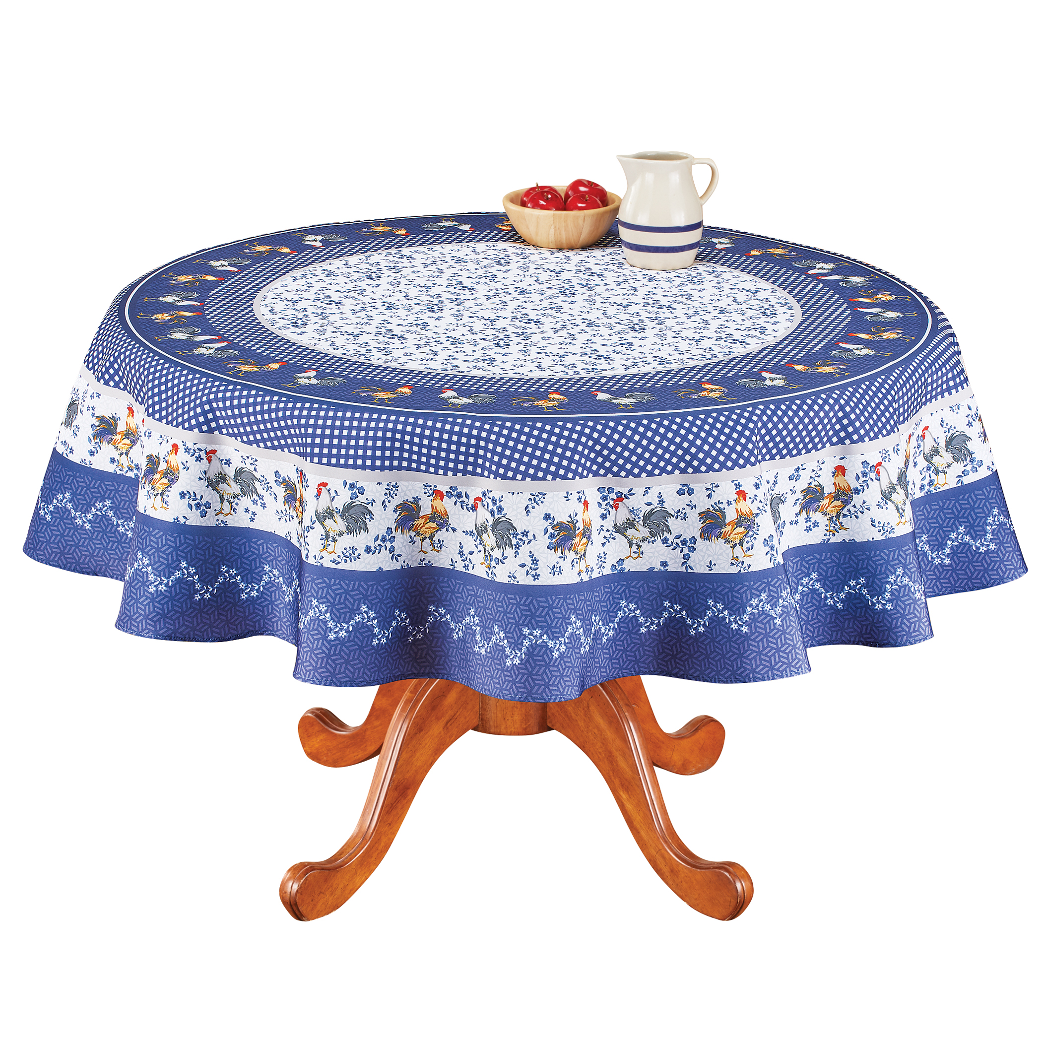 French Country Blue Rooster Printed Tablecloth Round Navy