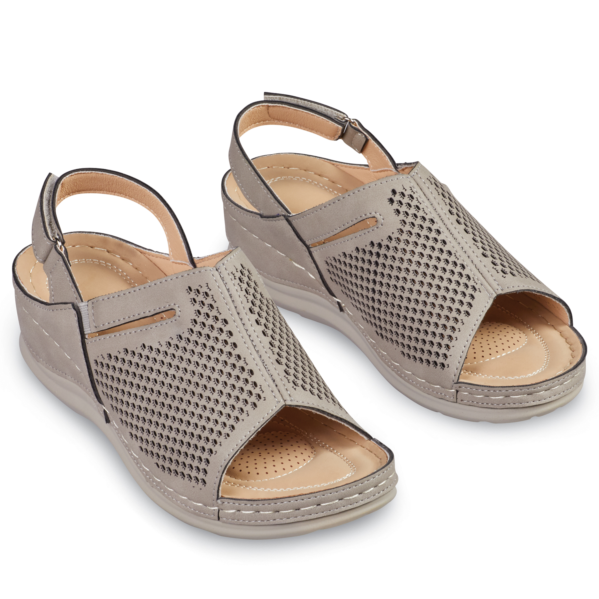 Stylish Open Toe Perforated Design Cushioned Adjustable Sandals 9 Women Taupe