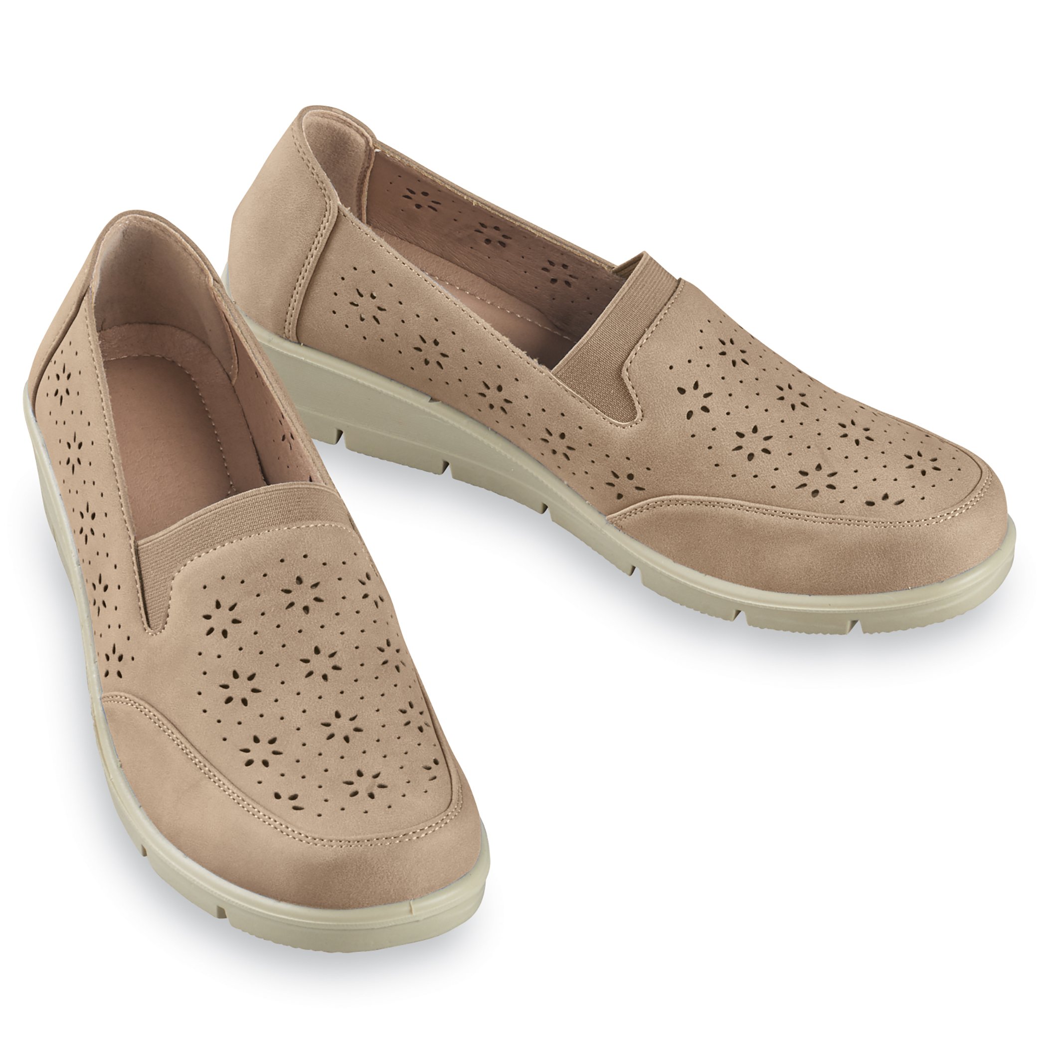 Slip-On Stretchy Laser Cut Details Shoes with Built-In Arch Support 7 Womens Taupe