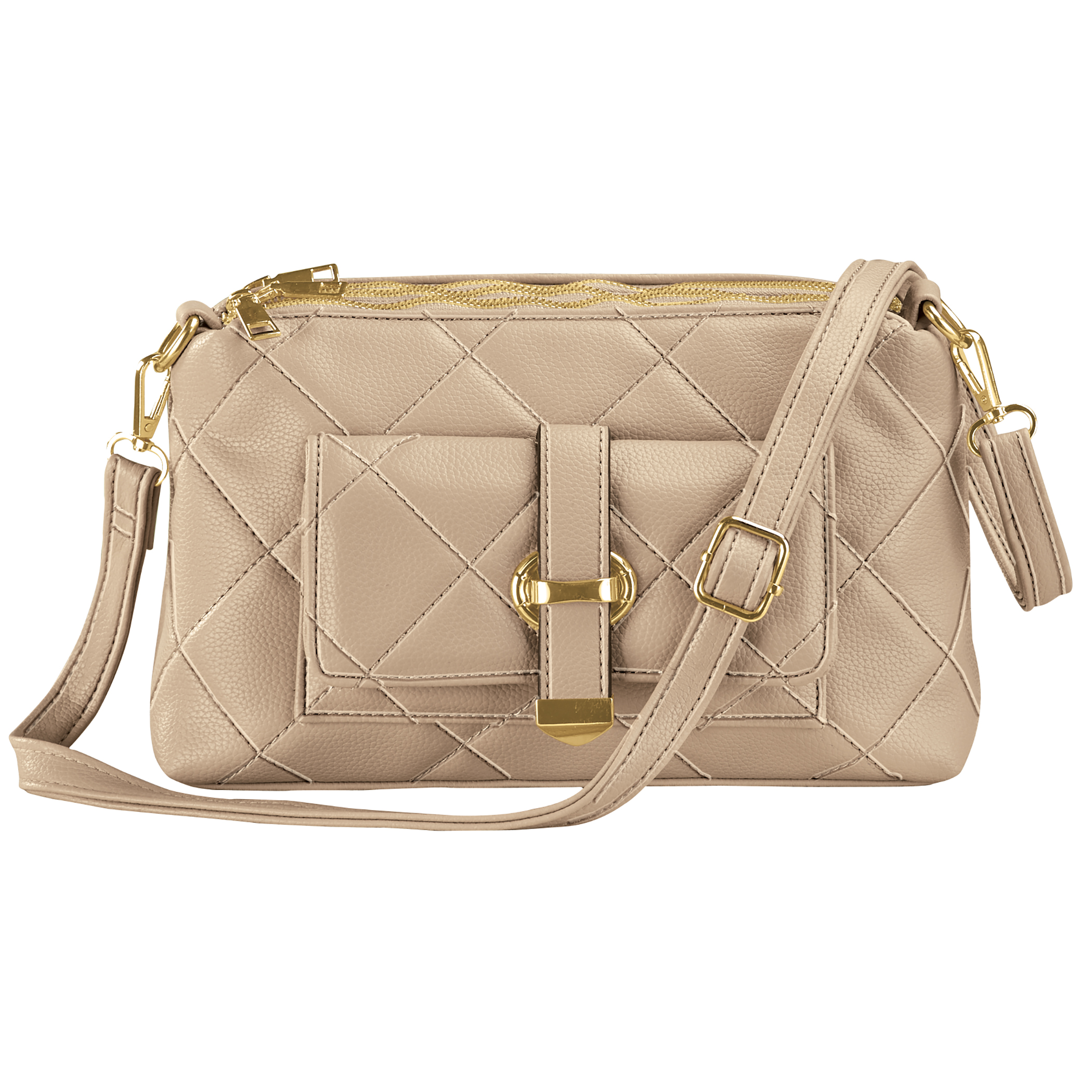 Elegant Quilted Snap Front Pocket Zippered Handbag Taupe
