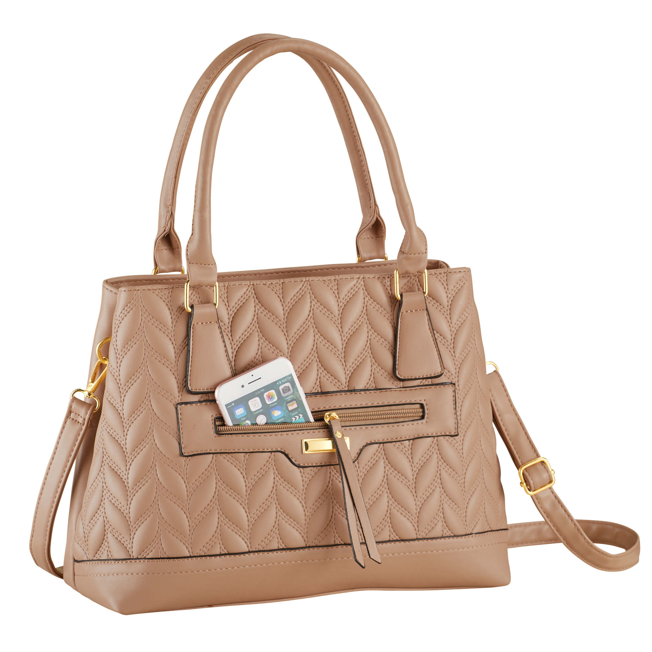 Textured Faux Leather Zippered Tote Bag Taupe