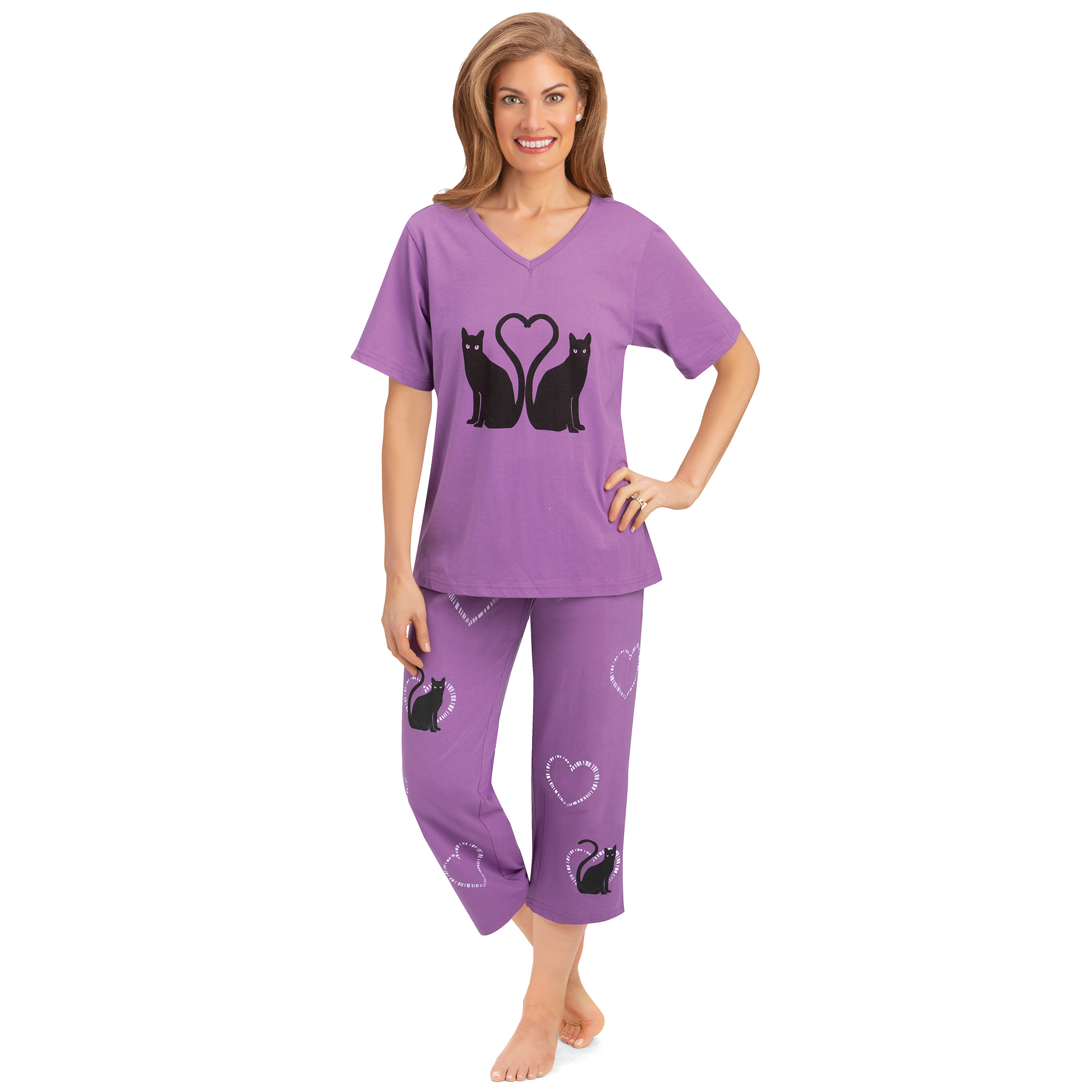Kitten Love 2-Piece Short Sleeve V-Neck and Capris Pajama Set Medium Women Purple