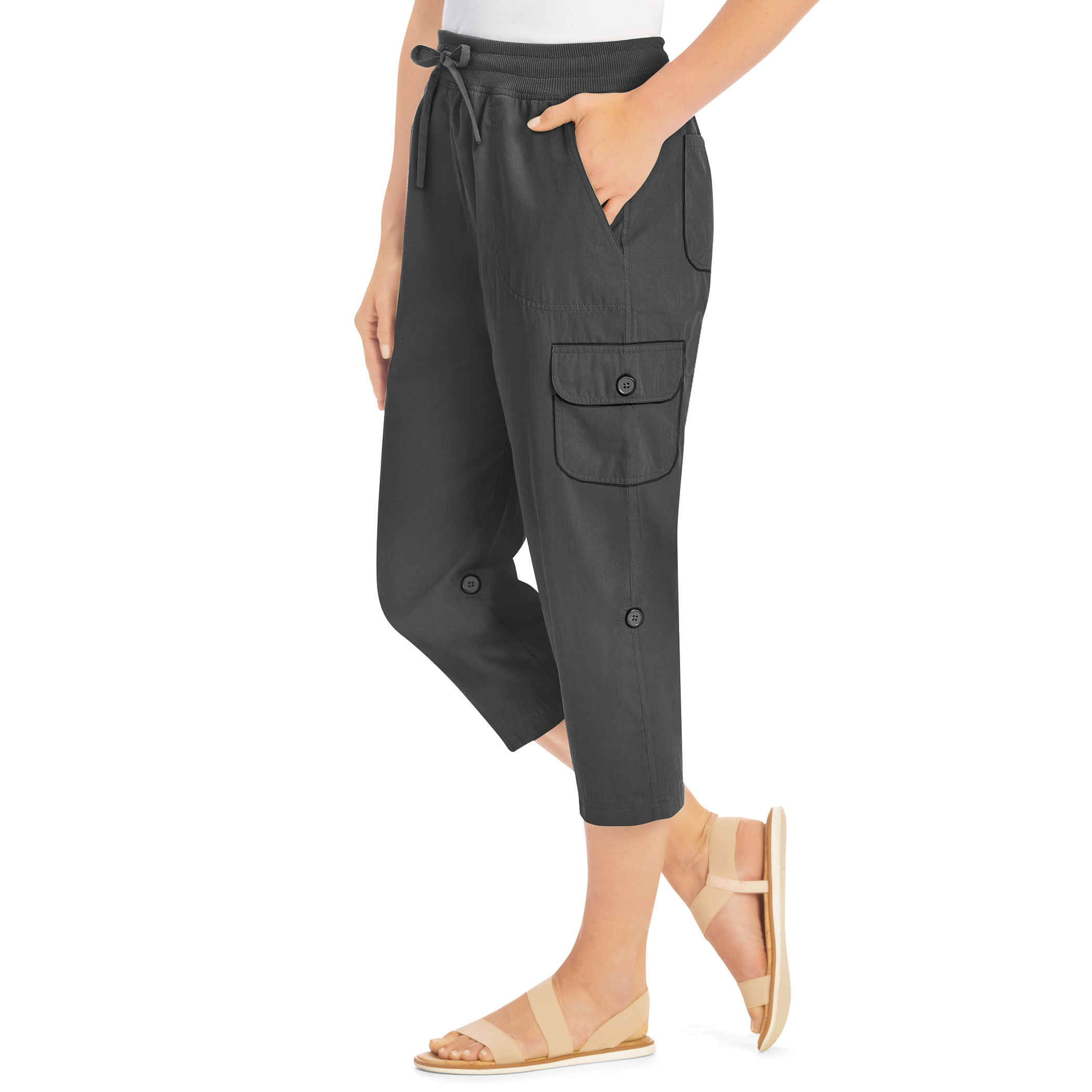 Convertible Cargo Capri Ribbed Elasticized Drawstring Waist Pants Medium Womens Black