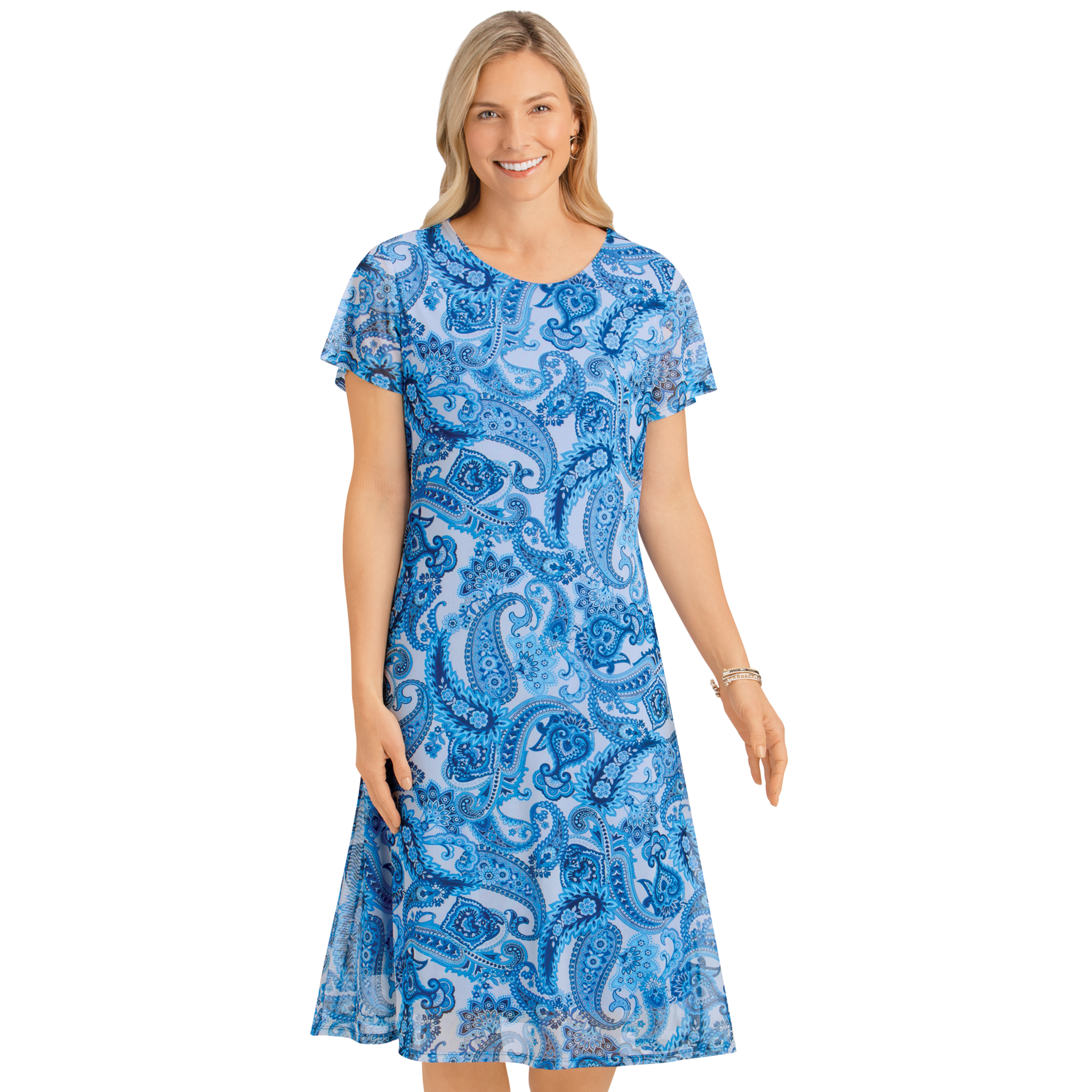 Stylish Paisley Print Mesh Short Sleeve Dress XX-Large Womens Blue