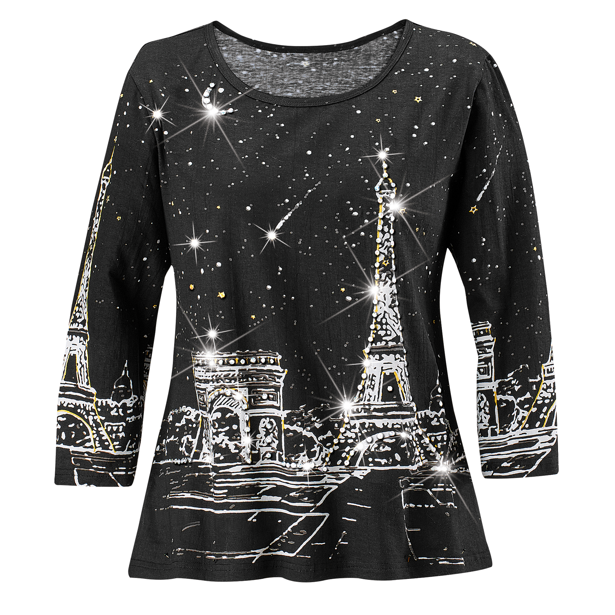 Stylish Destination Paris Sequin Accents 3/4 Length Sleeve Top XX-Large Gender Neutral Black
