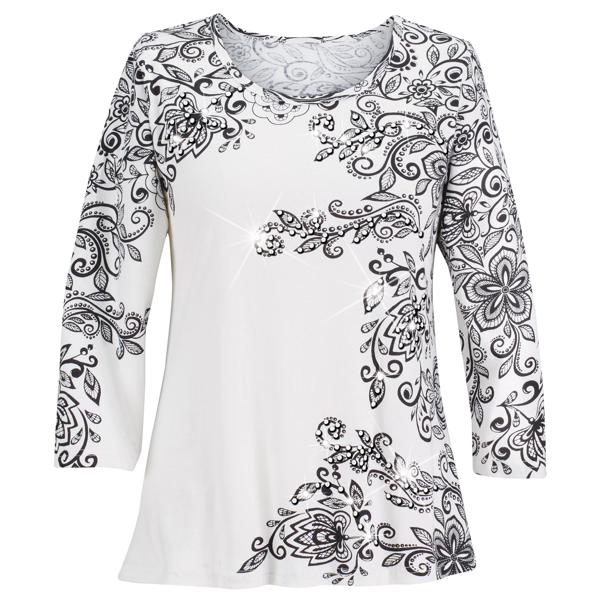 Beautiful Shadow Print Sequin Detailed 3/4 Length Sleeve Top XX-Large Gender Neutral White