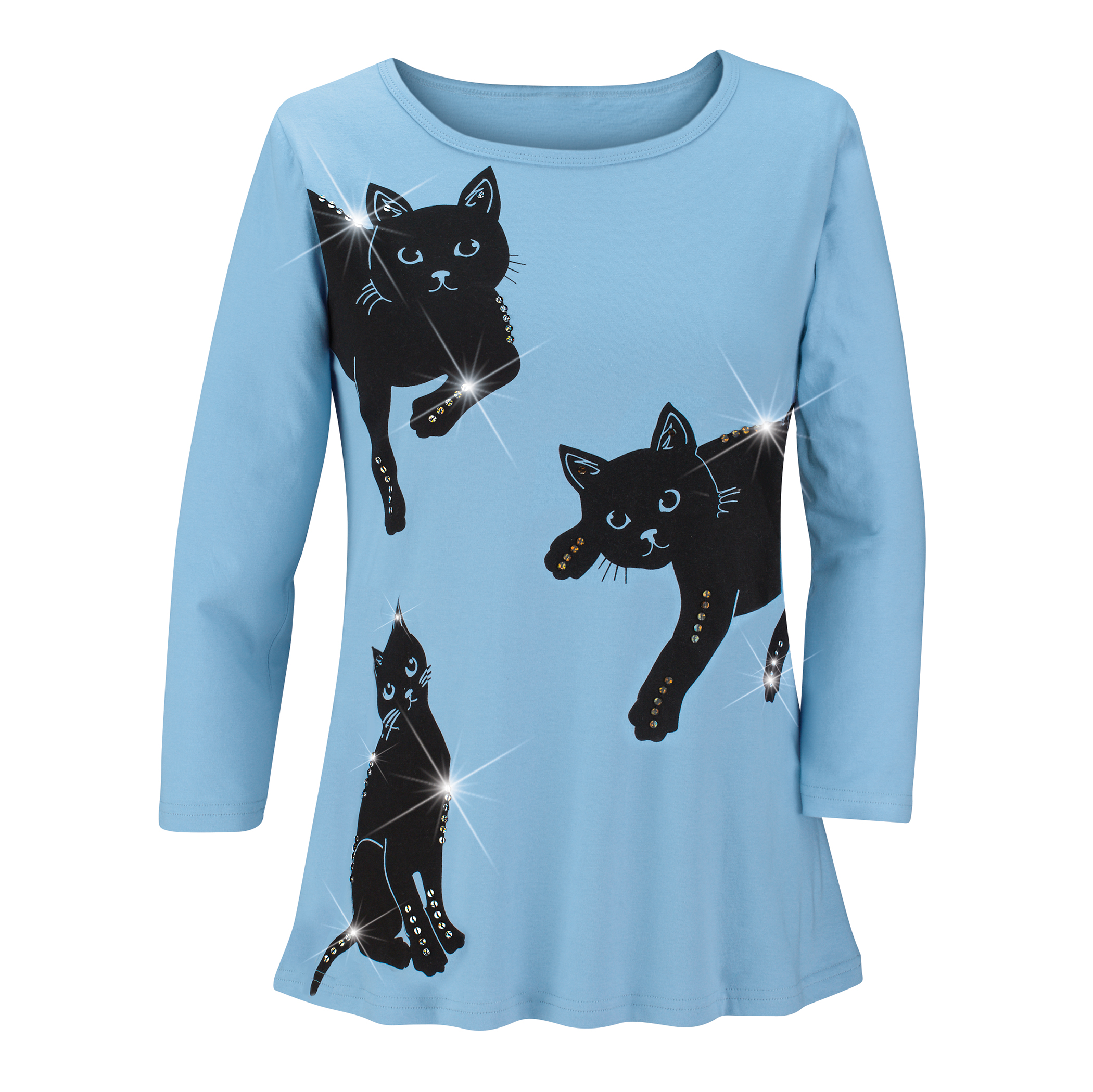 Curious Kitten Trio Sequin Accents 3/4 Length Sleeve Top XX-Large Gender Neutral Blue