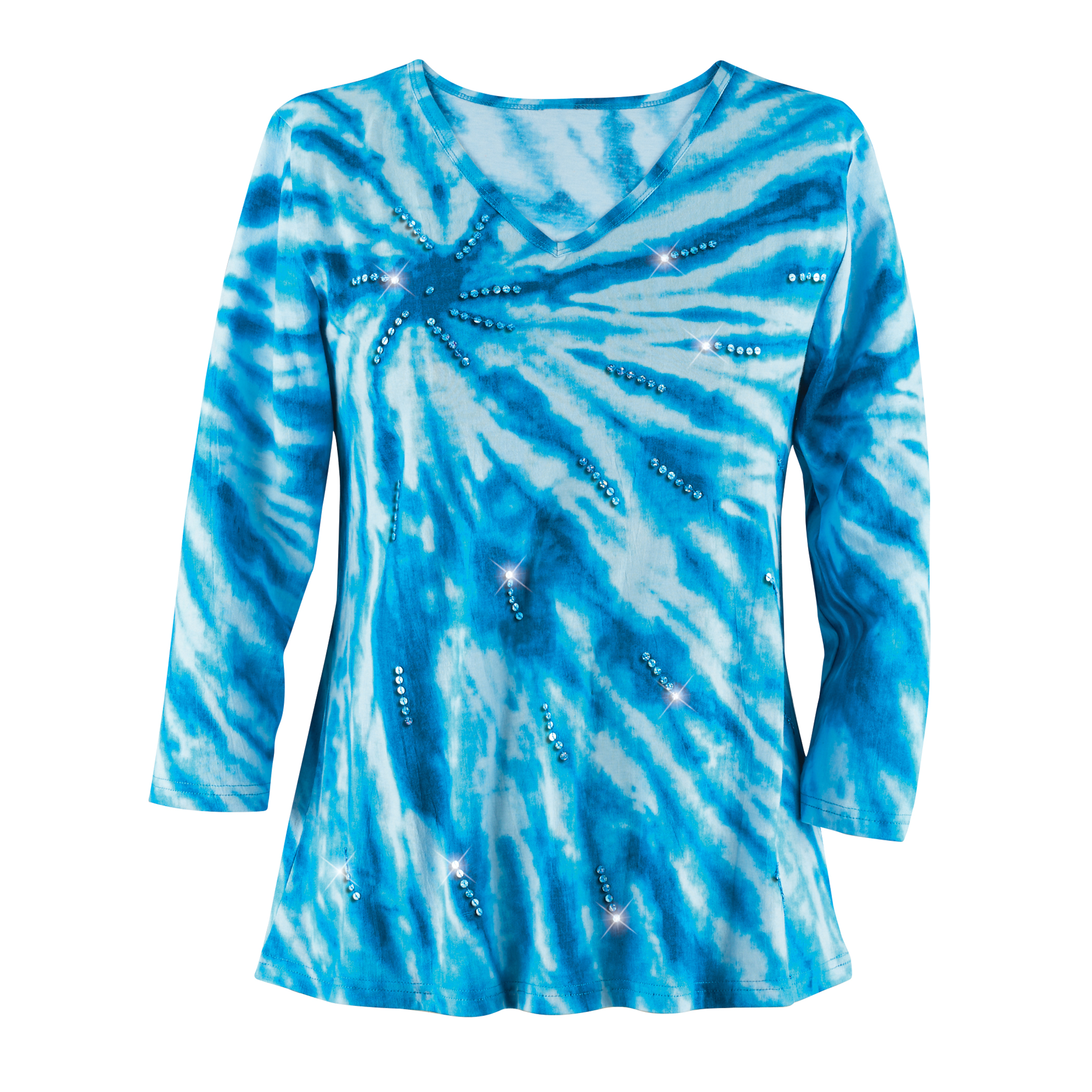 Grateful Tie-Dye Sequin Accented Flattering Knit Top X-Large Gender Neutral Blue