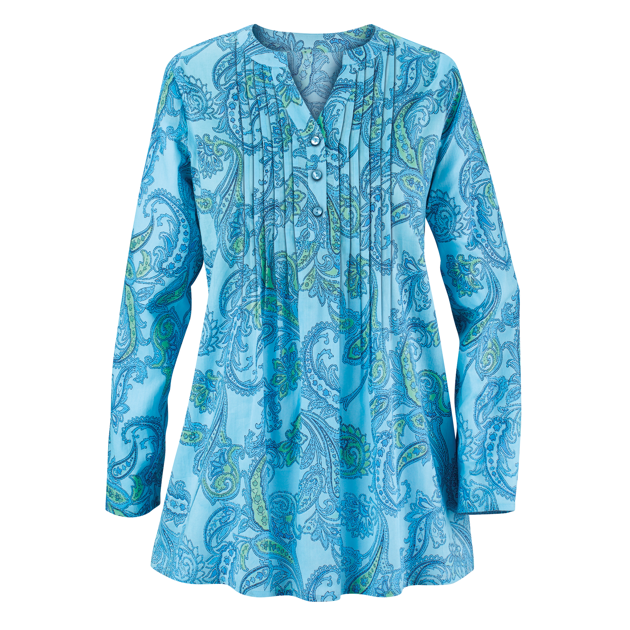 Watercolor Tonal Paisley Pintuck Long Sleeve Tunic XX-Large Gender Neutral Blue Multi