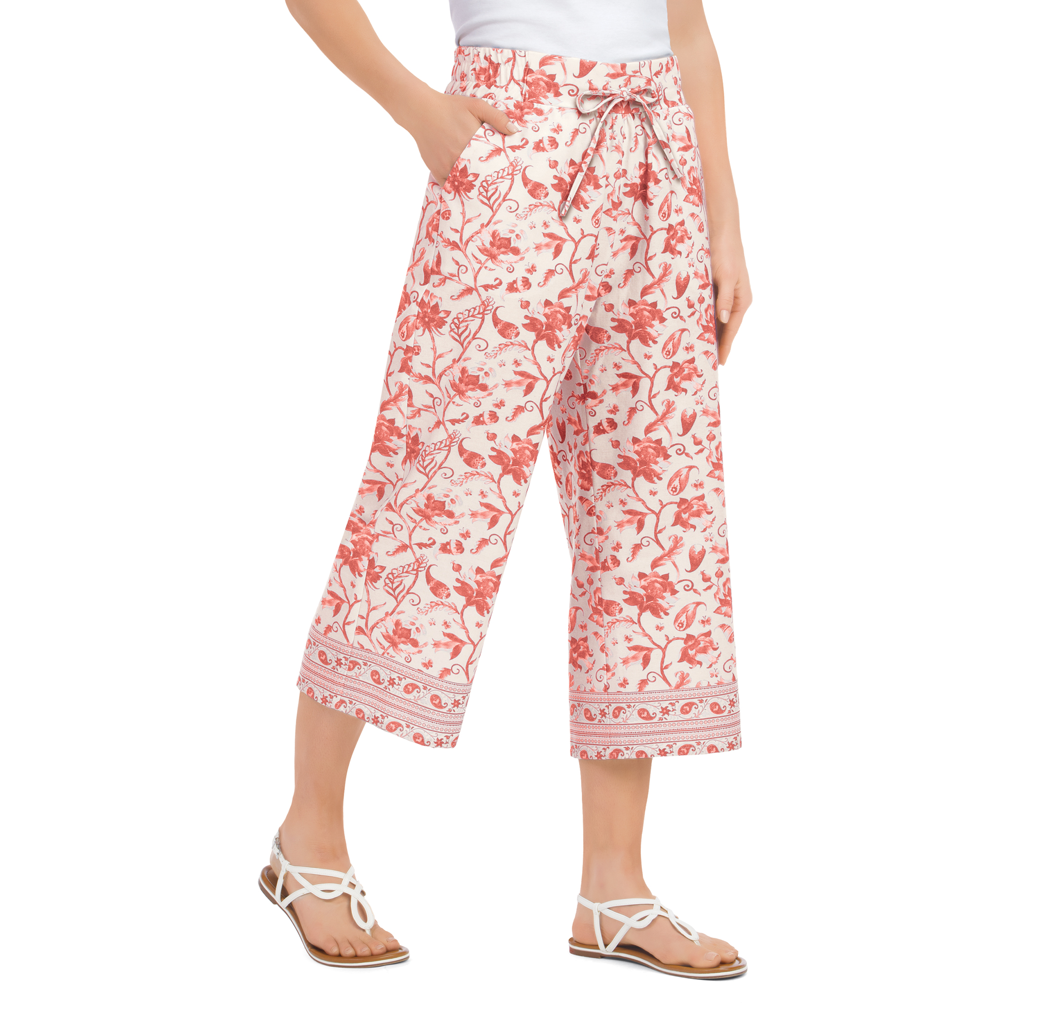 Border Print Drawstring Waistband Capri Pants XX-Large Women Coral