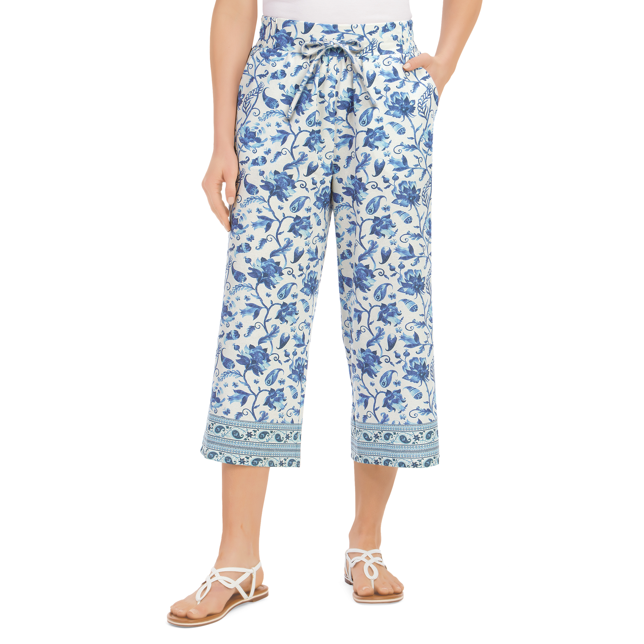 Border Print Drawstring Waistband Capri Pants XX-Large Women Royal Blue