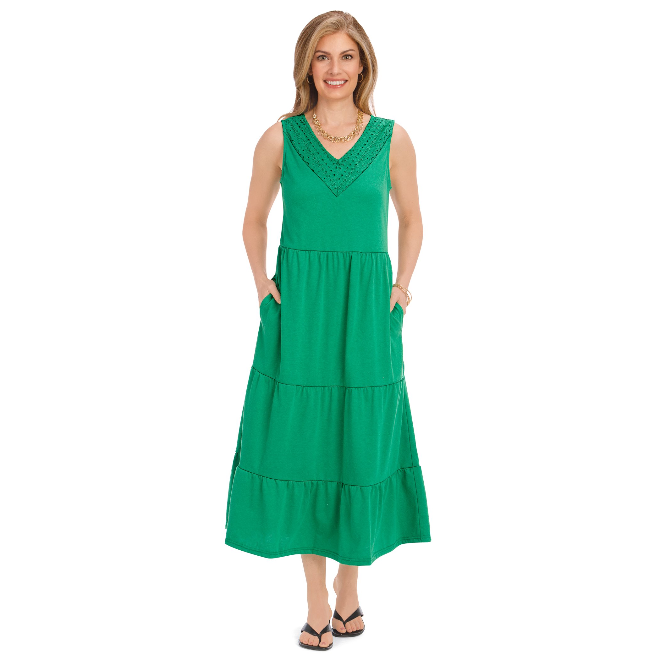 Eyelet Trim V-Neck Sleeveless Tiered Knit Dress XX-Large Jade