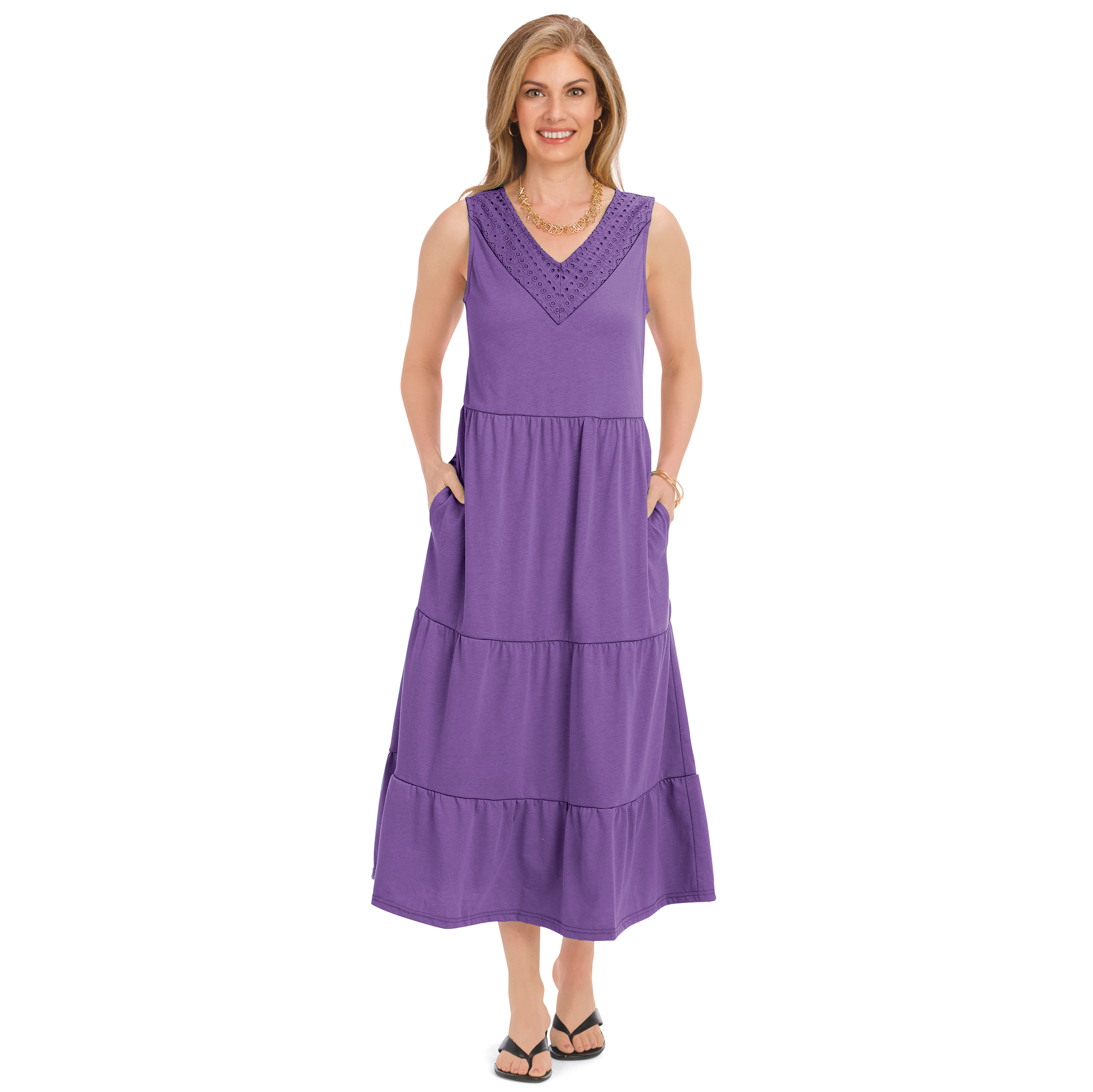 Eyelet Trim V-Neck Sleeveless Tiered Knit Dress XX-Large Purple