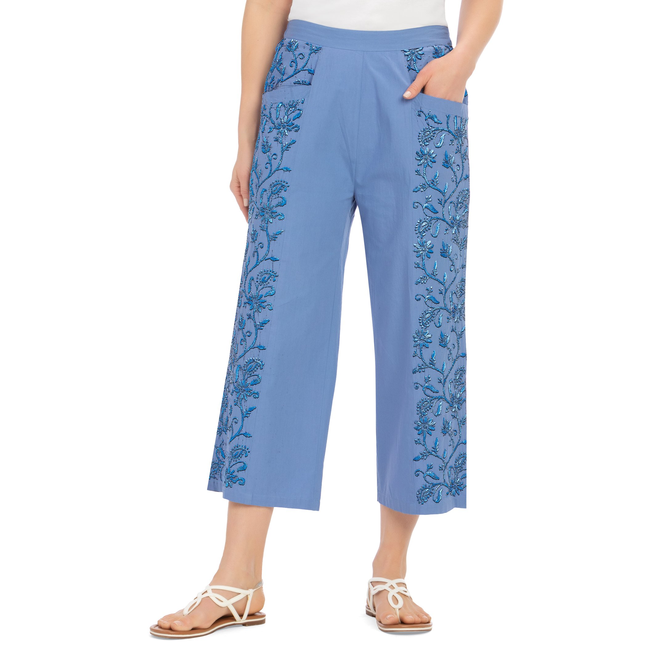 Side Embroidered Lace Capris Cotton Pants XX-Large Cornflower Blue