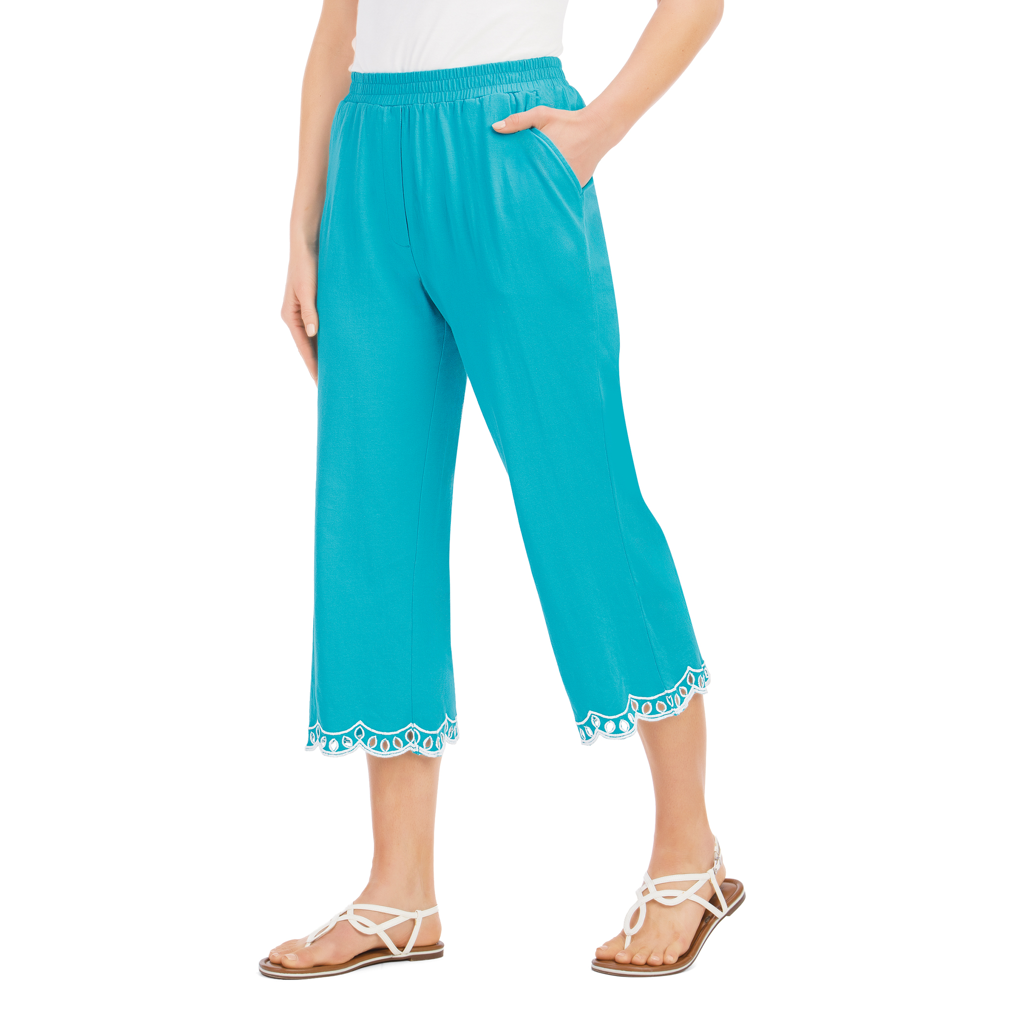 Eyelet and Scalloped Trim Elasticized Waist Pull-On Capris XX-Large Women Turquoise
