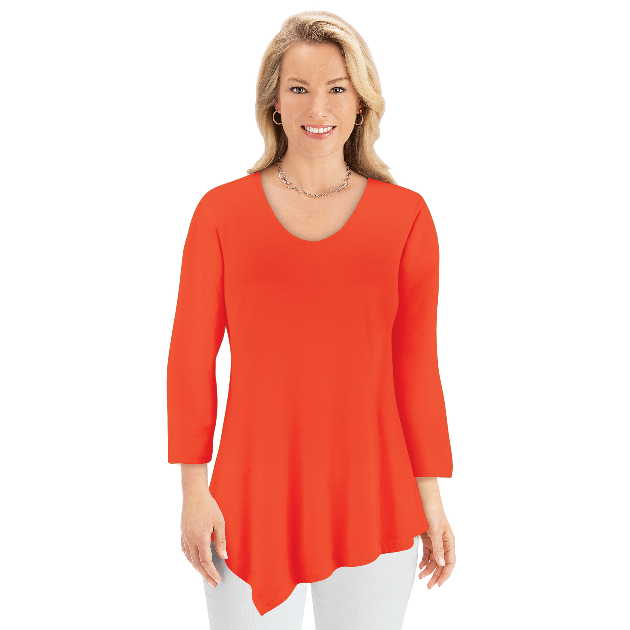 Asymmetrical Hem 3/4 Length Sleeve Knit Tunic Medium Gender Neutral Coral