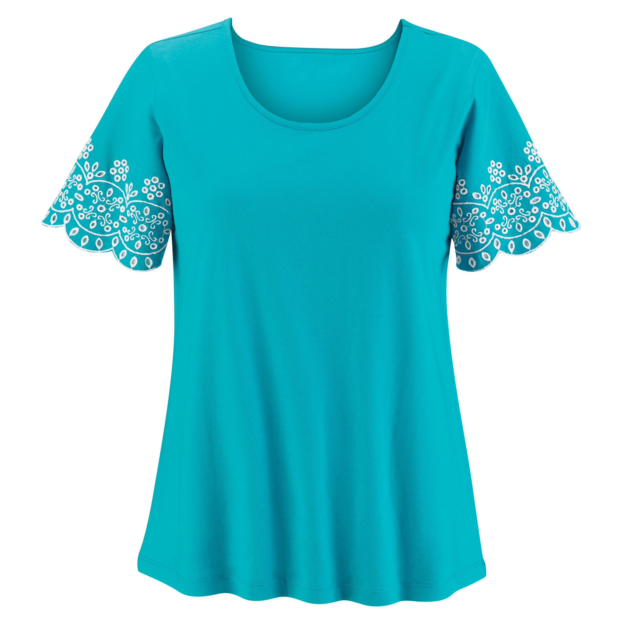 Eyelet and Scalloped Trim Design Short Sleeve Top Large Gender Neutral Turquoise