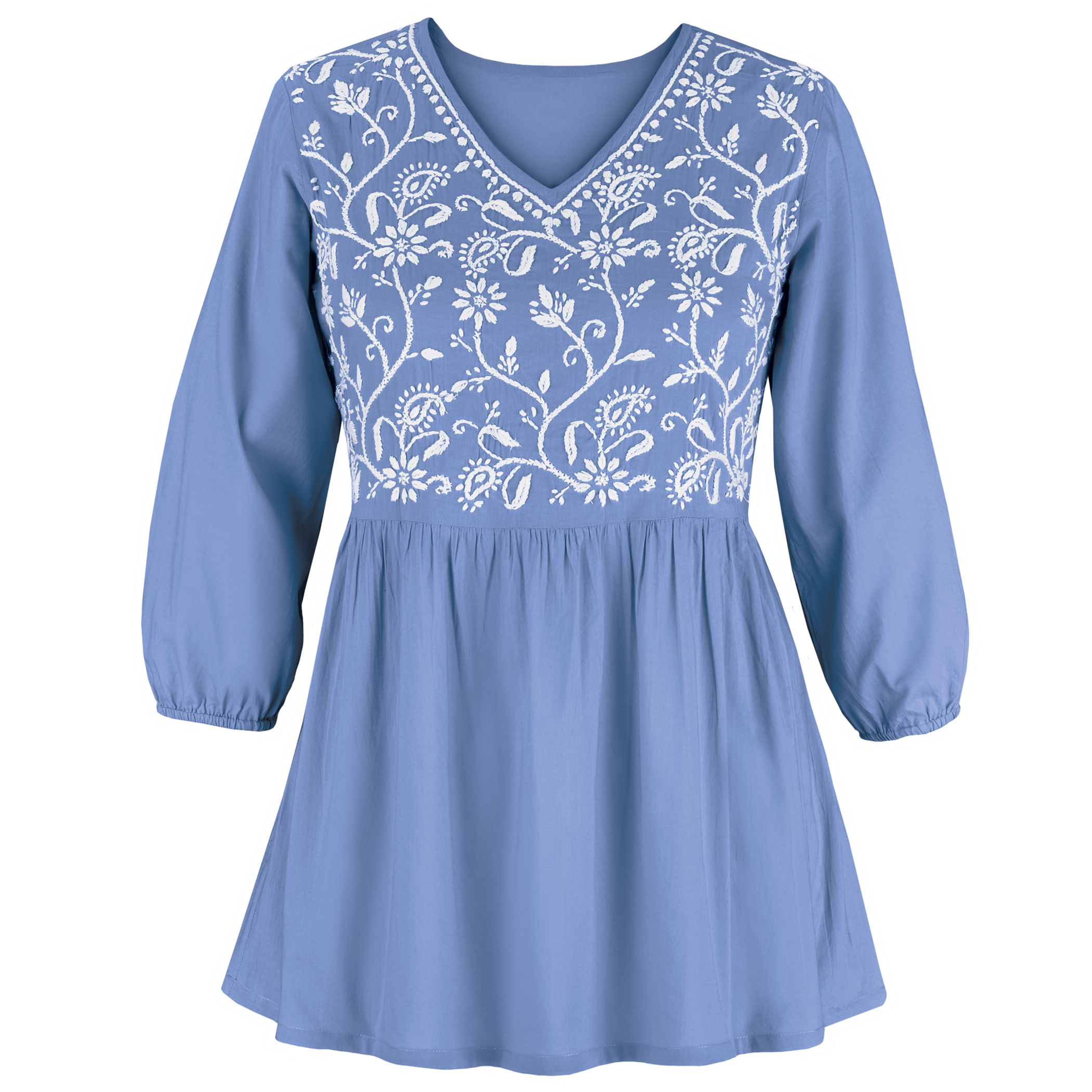Floral Embroidered Woven Long Length V-Neck Tunic Medium Gender Neutral Cornflower Blue