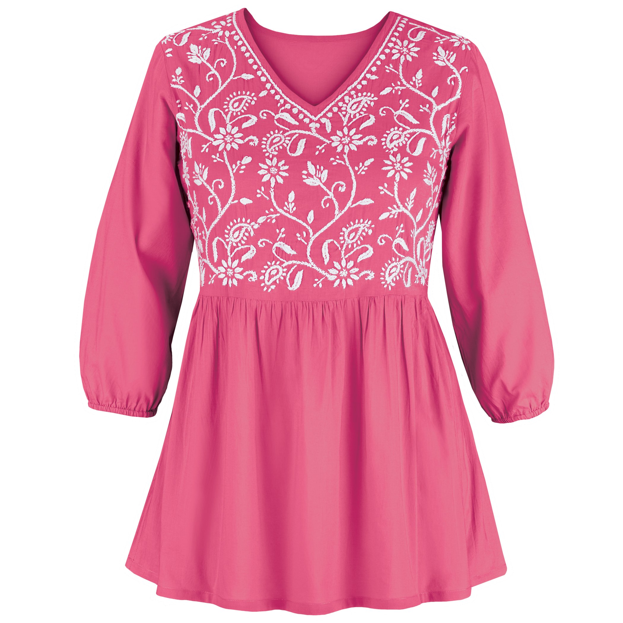 Floral Embroidered Woven Long Length V-Neck Tunic Medium Gender Neutral Raspberry