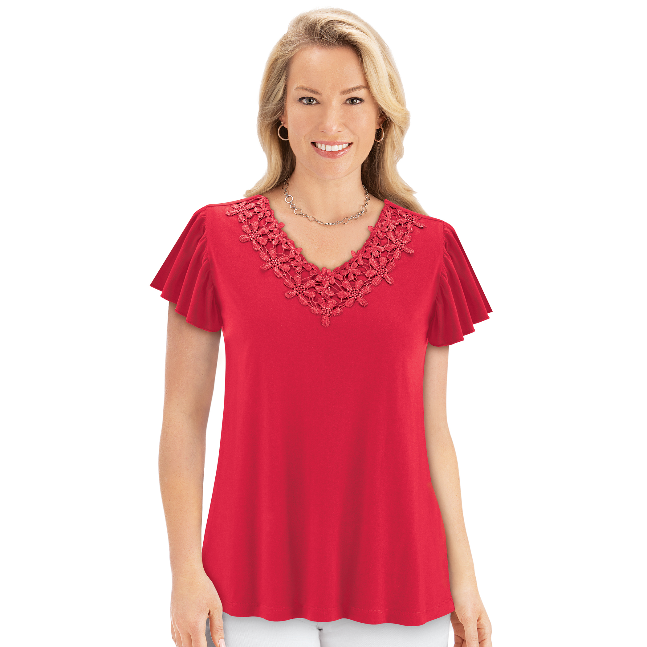 Floral Lace V-Neck Short Flutter Sleeve Top Large Gender Neutral Red